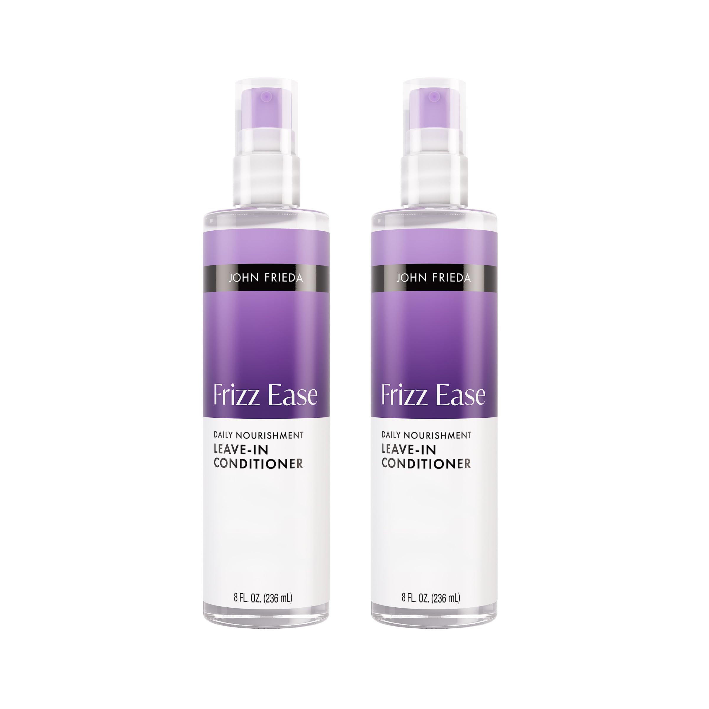 John Frieda Frizz Ease Daily Nourishment Leave-In Bottle shows detangling and frizz control benefits.