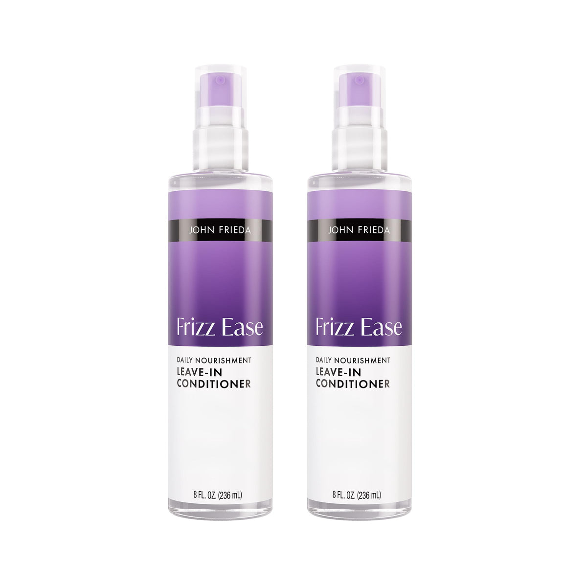 John Frieda Frizz Ease Daily Nourishment Leave-In Bottle shows detangling and frizz control benefits.
