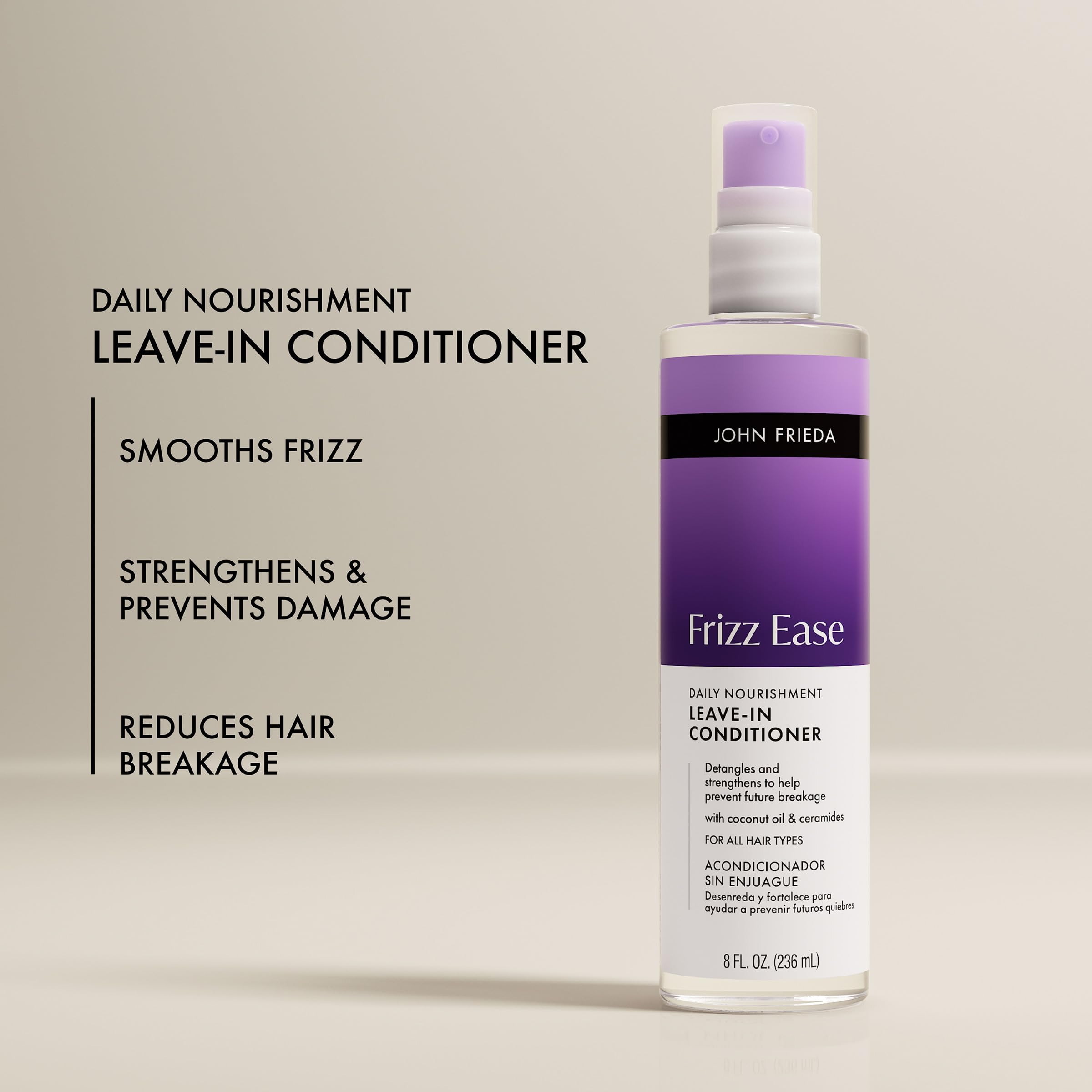 Close-up bottle of Leave-In showing packaging for daily nourishment and ease of use.