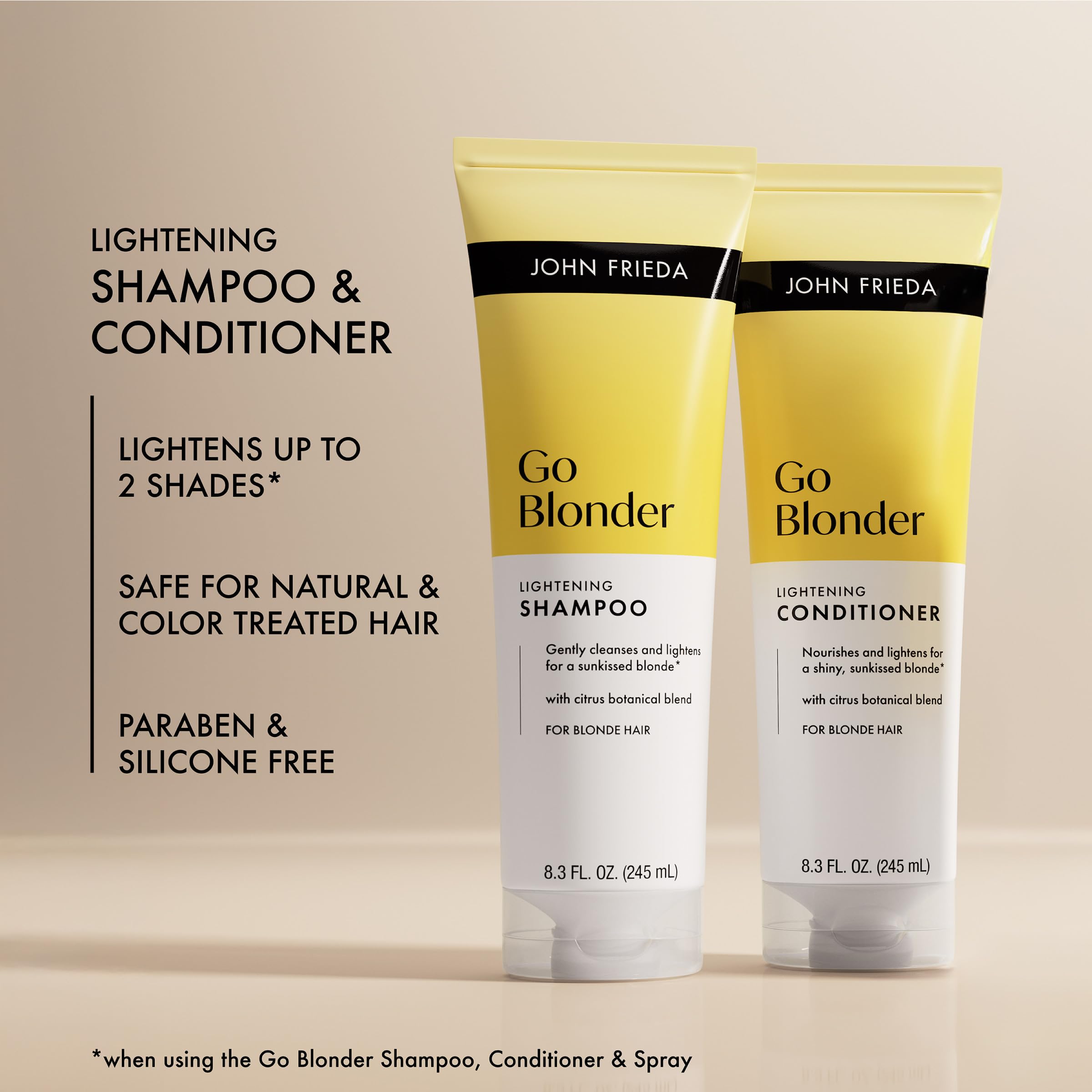 John Frieda Go Blonder shampoo label close-up emphasizes ammonia- and peroxide-free formula