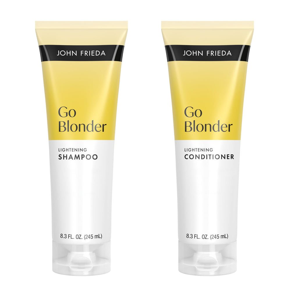 John Frieda Go Blonder shampoo bottle highlights citrus blend for gradual blonde brightening