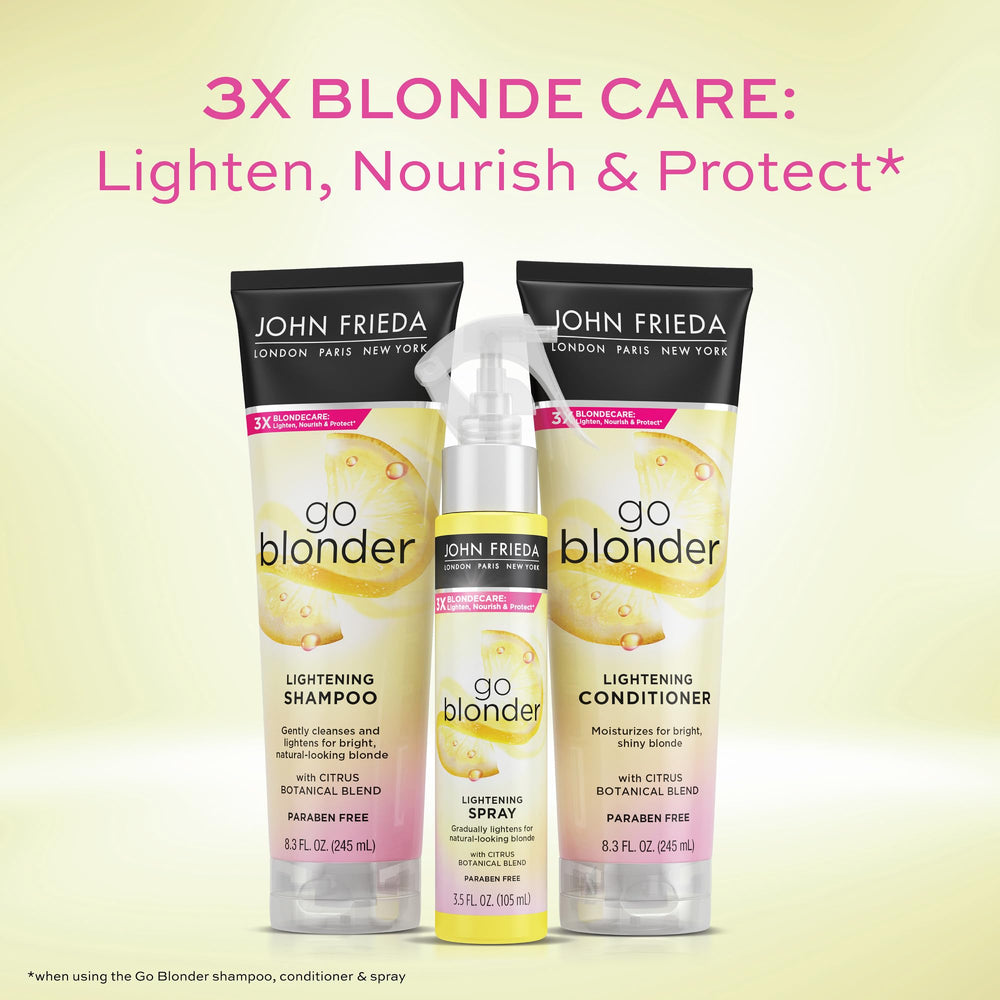 John Frieda Go Blonder shampoo label close-up shows ammonia- and peroxide-free formula