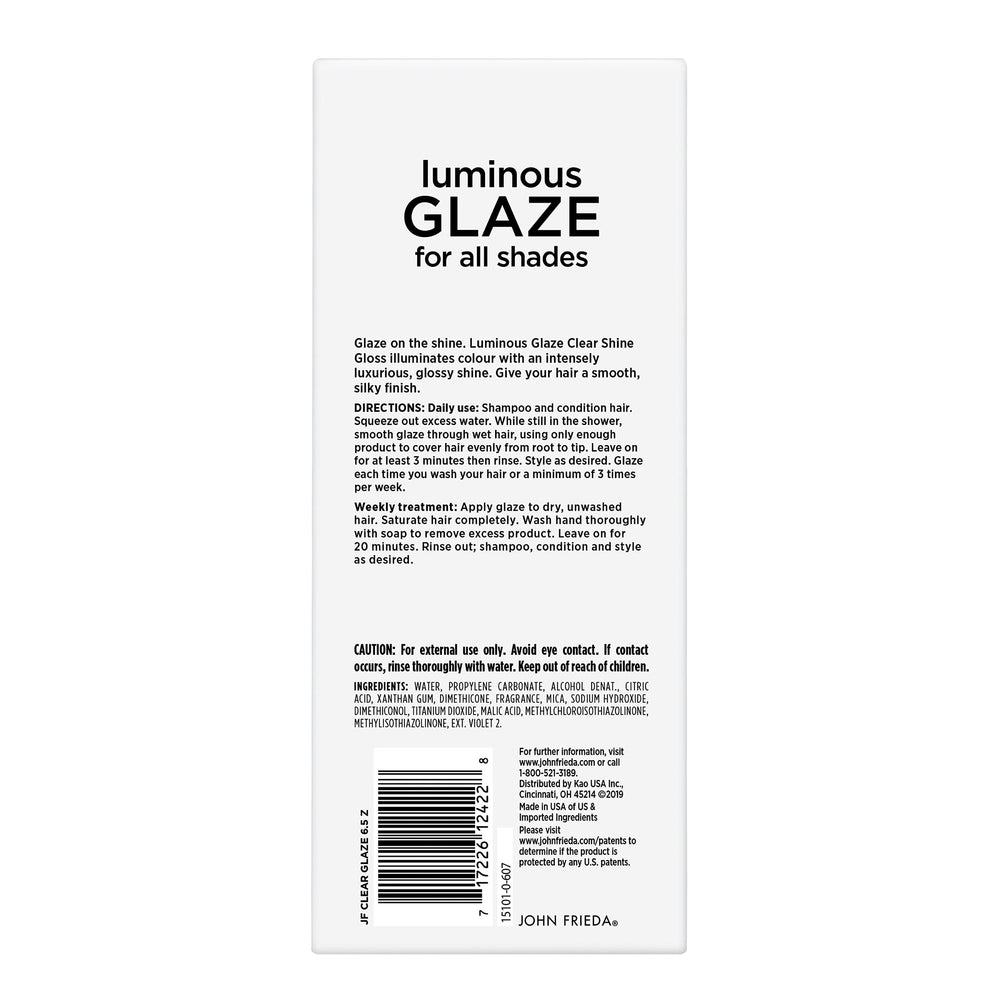 John Frieda Luminous Glaze anti-fade action shot suggesting fade-resistant color.
