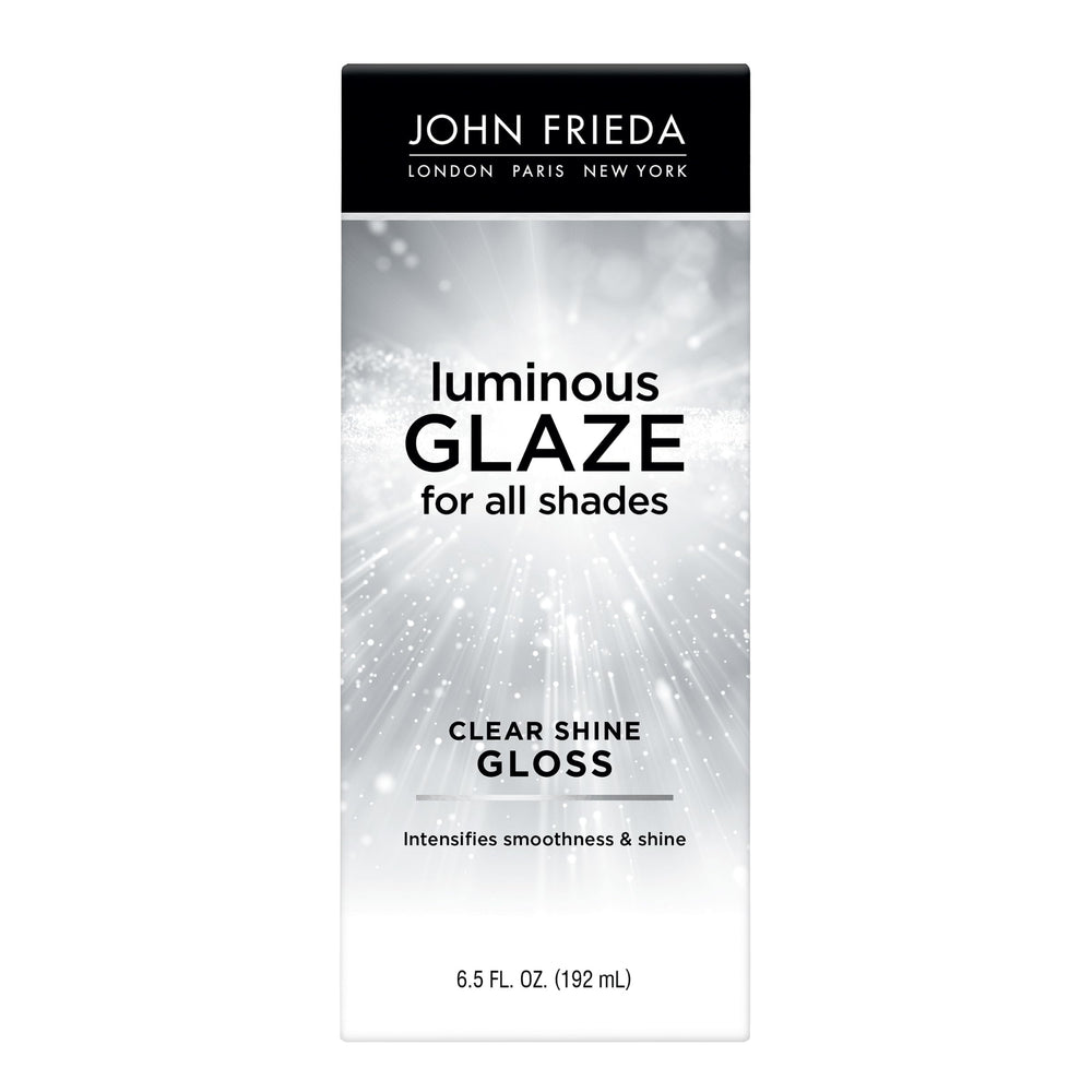John Frieda Luminous Glaze bottle demonstrating color-safe shine.