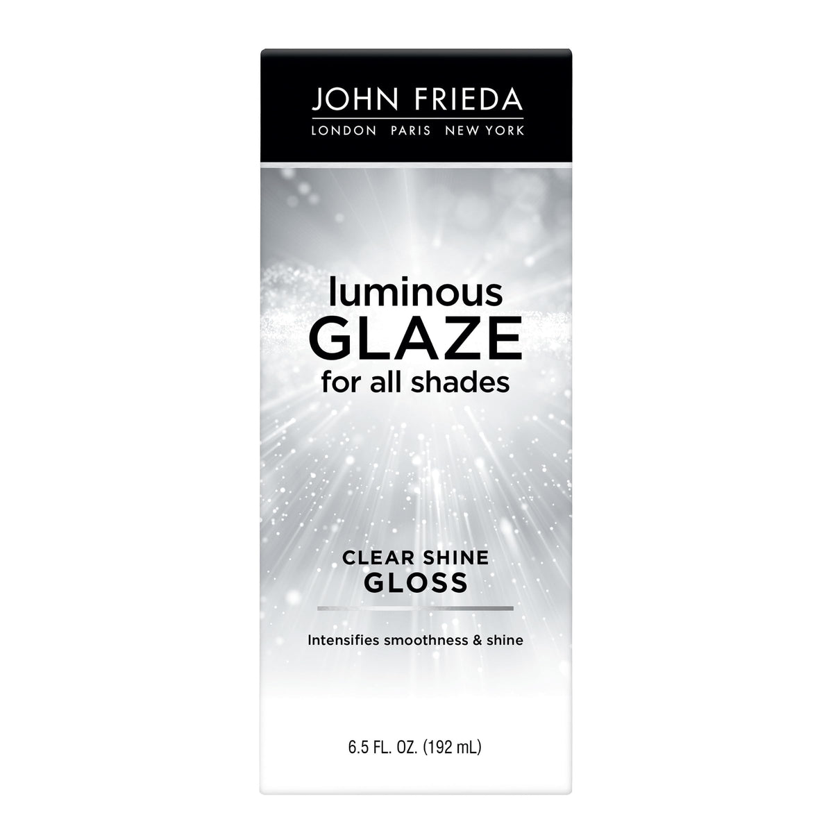 John Frieda Luminous Glaze bottle demonstrating color-safe shine.