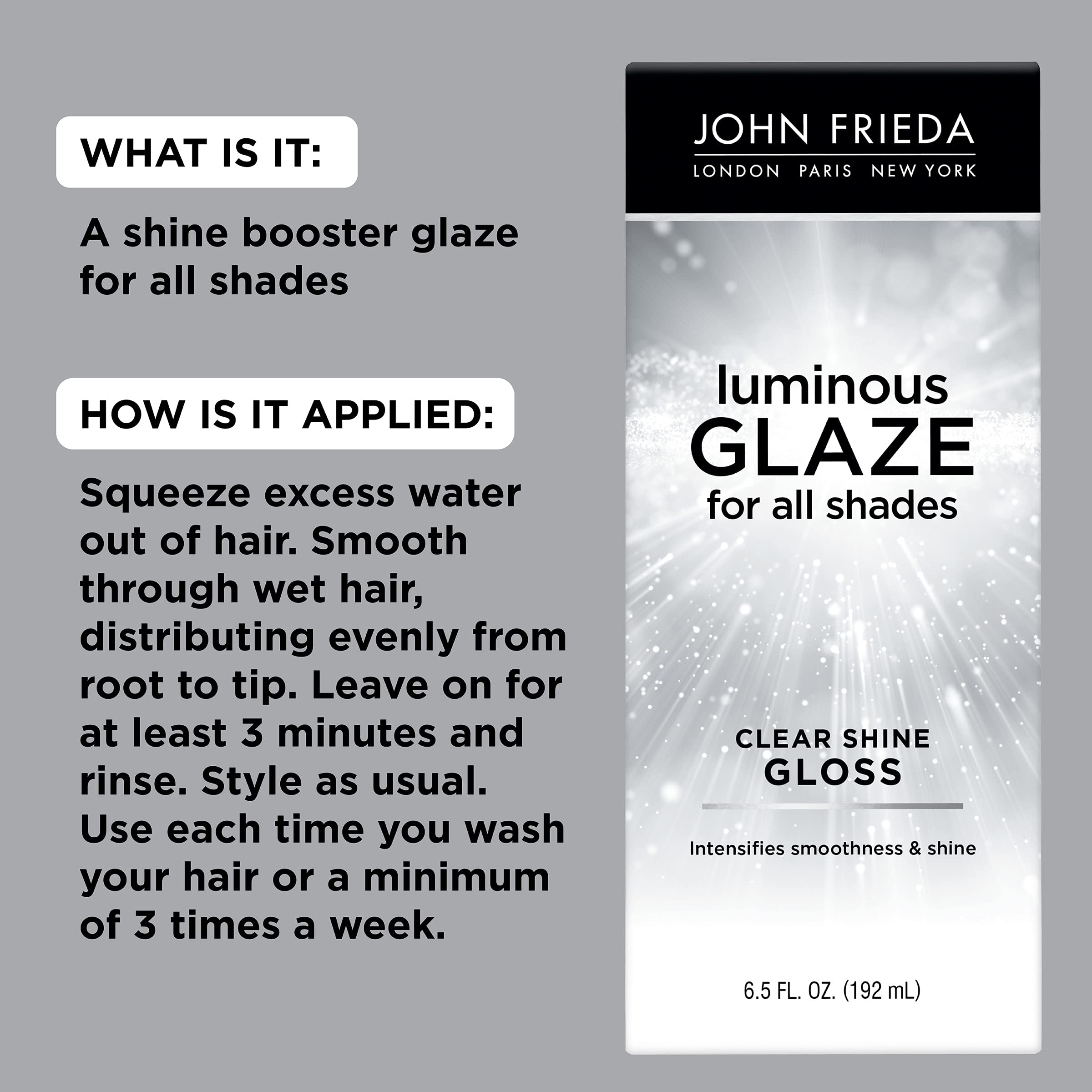 John Frieda Luminous Glaze shine close-up illustrating a lasting gloss.