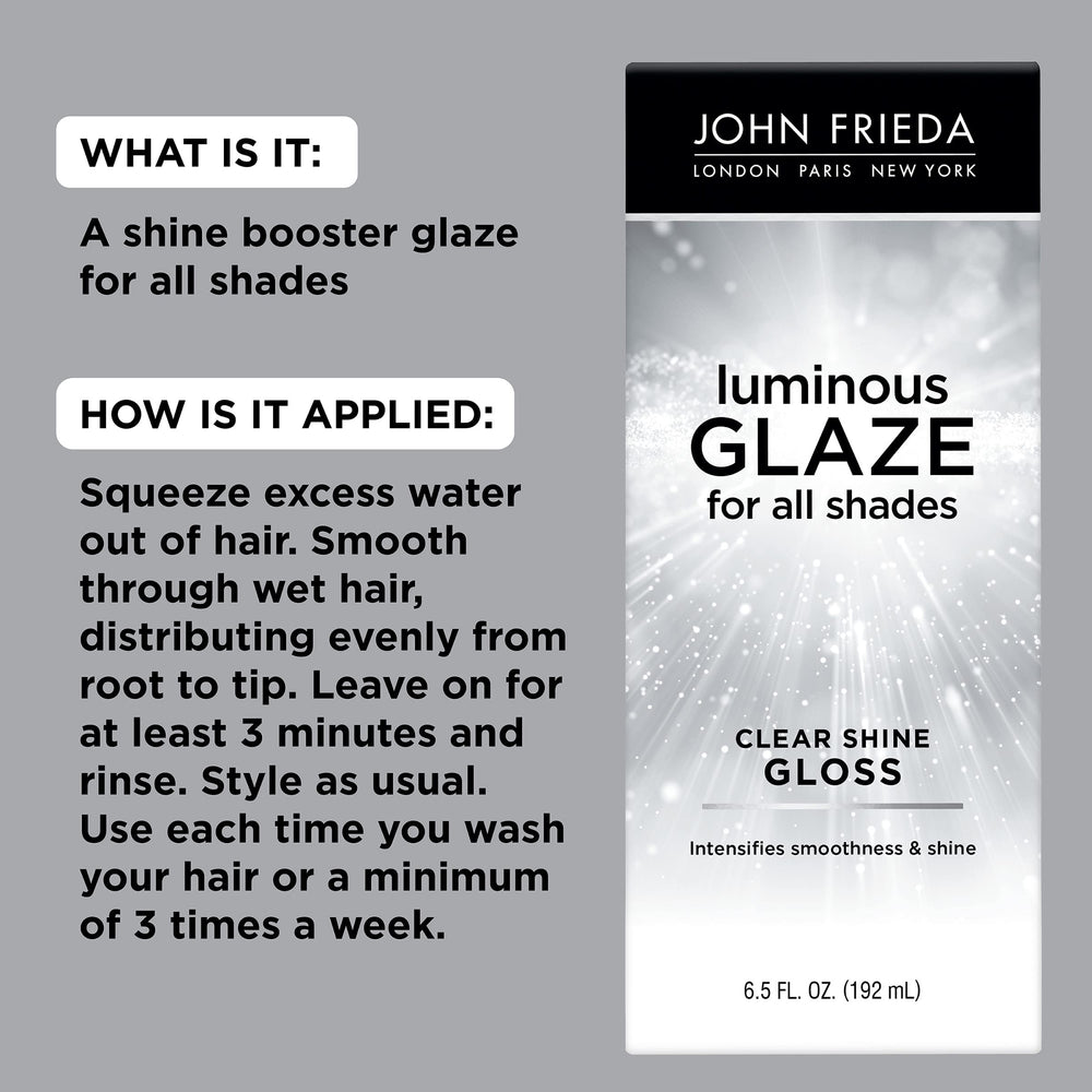 John Frieda Luminous Glaze shine close-up illustrating a lasting gloss.