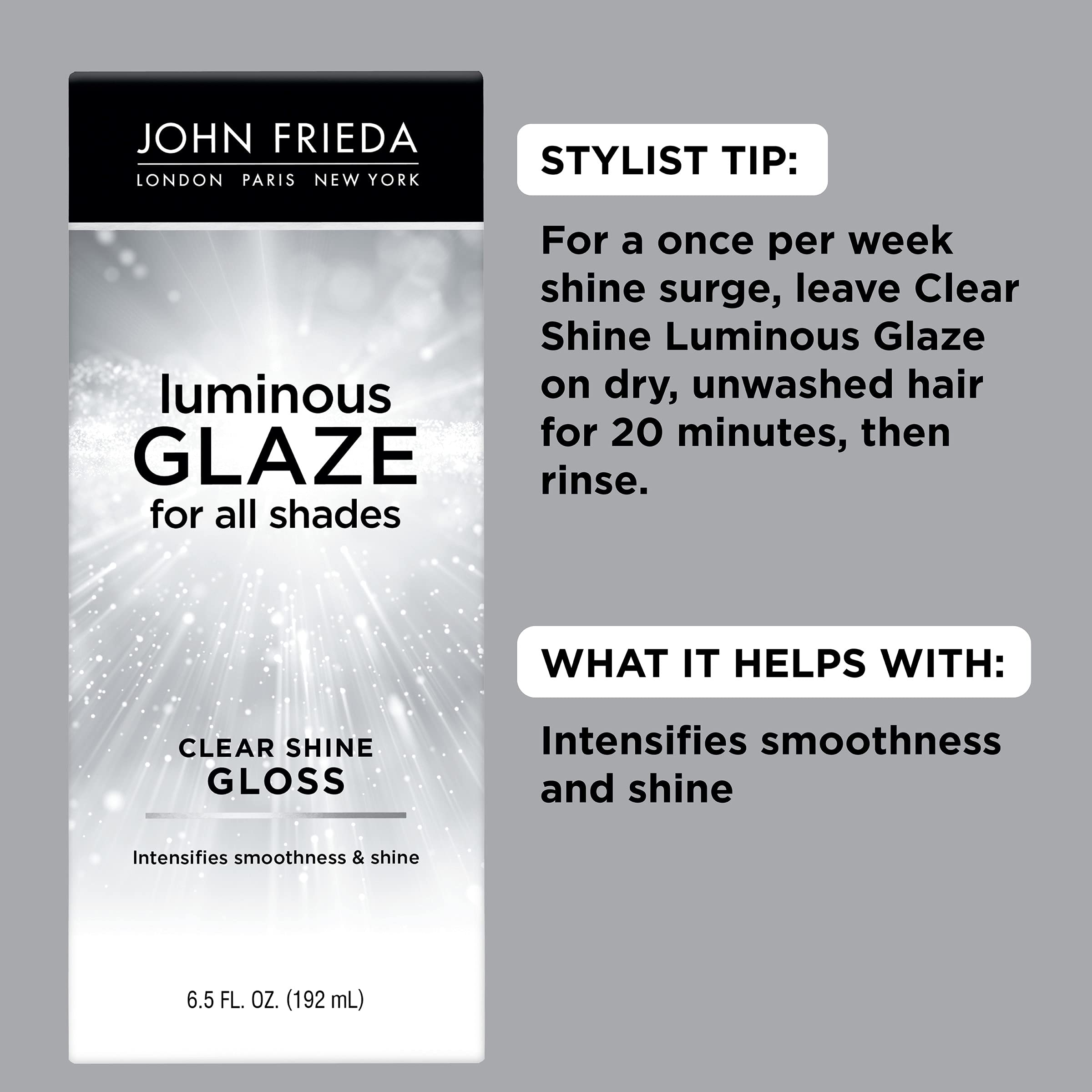 John Frieda Luminous Glaze smooth hair close-up highlighting pore-filling texture.
