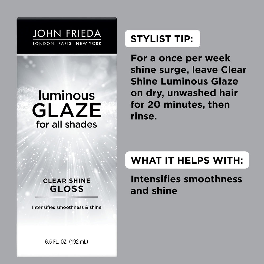 John Frieda Luminous Glaze smooth hair close-up highlighting pore-filling texture.
