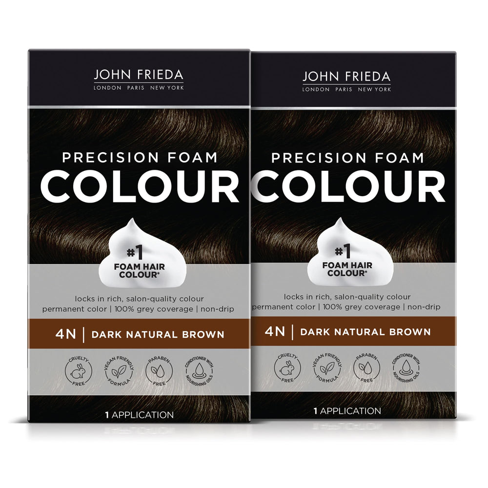 John Frieda Precision Foam Color 4N packaging shows mess-free, full coverage option
