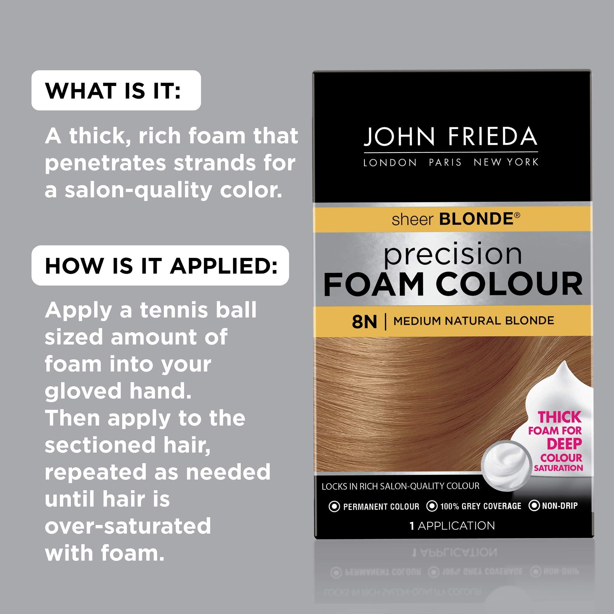 John Frieda Precision Foam Color 8N delivers rich saturation for a natural blonde