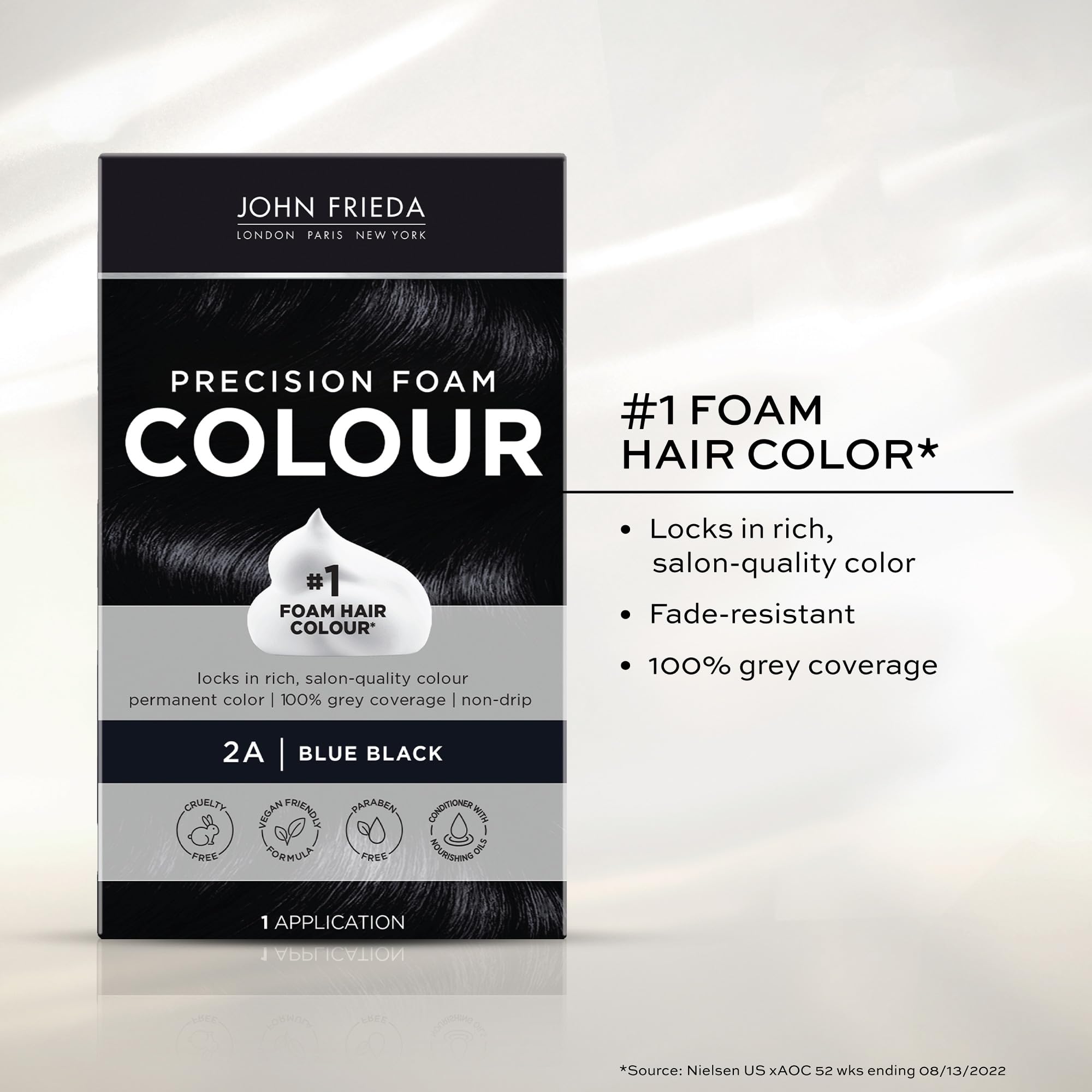 John Frieda Precision Foam Color post-color conditioner nourishes hair.