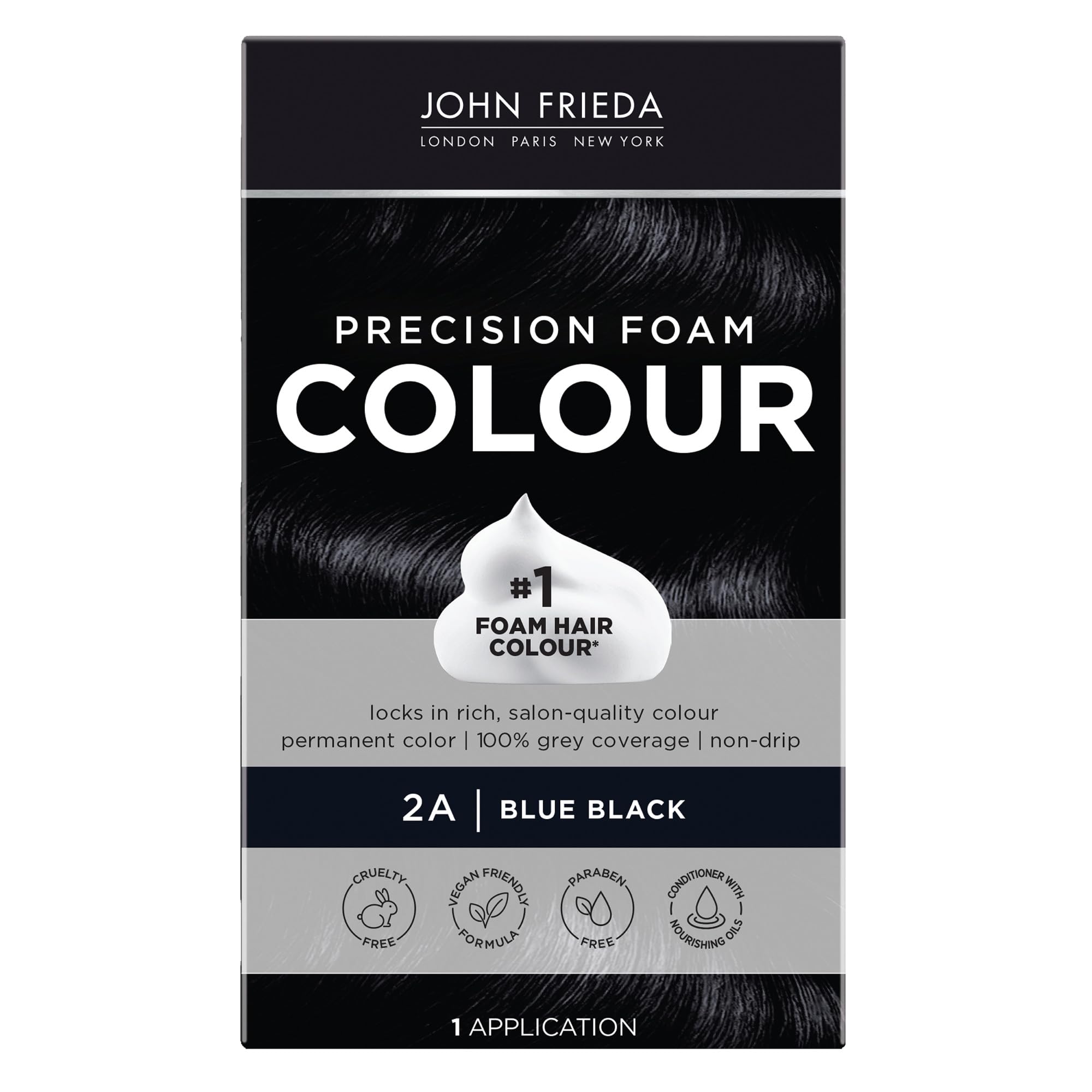 John Frieda Precision Foam Color blue black 2A application for mess-free coloring.