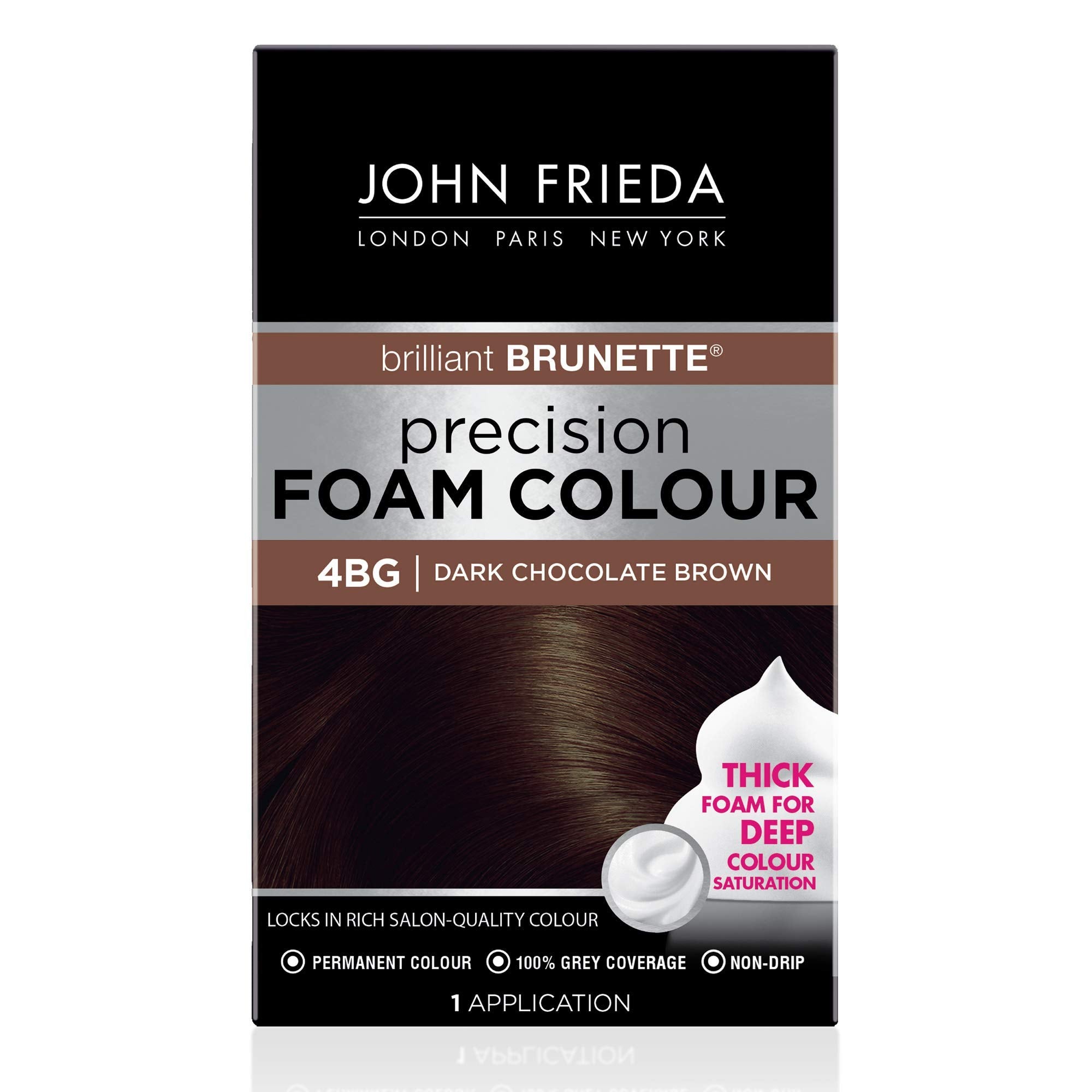 John Frieda Precision Foam Color bottle pour demonstrating non-drip application