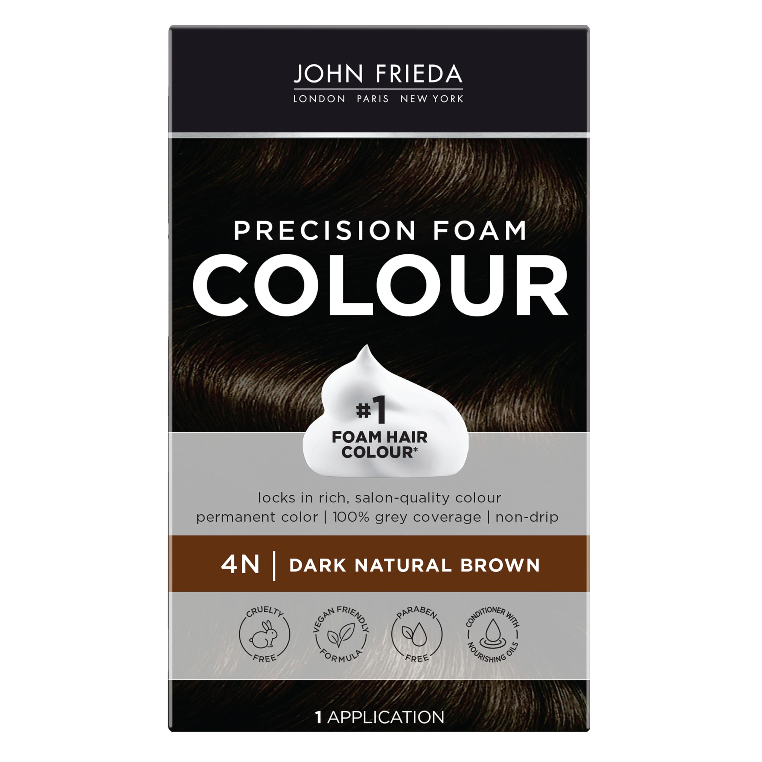 John Frieda Precision Foam Colour 4N front box showing full coverage shade