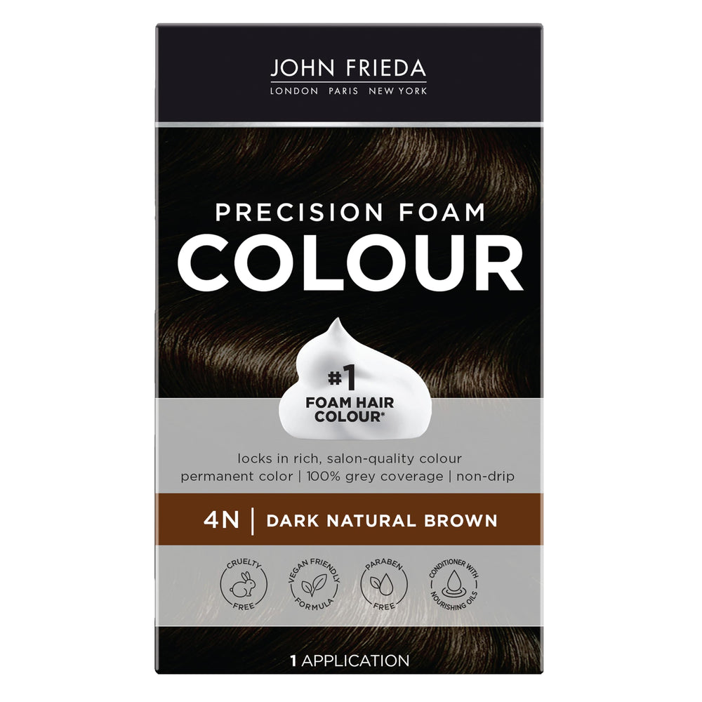 John Frieda Precision Foam Colour 4N front box showing full coverage shade