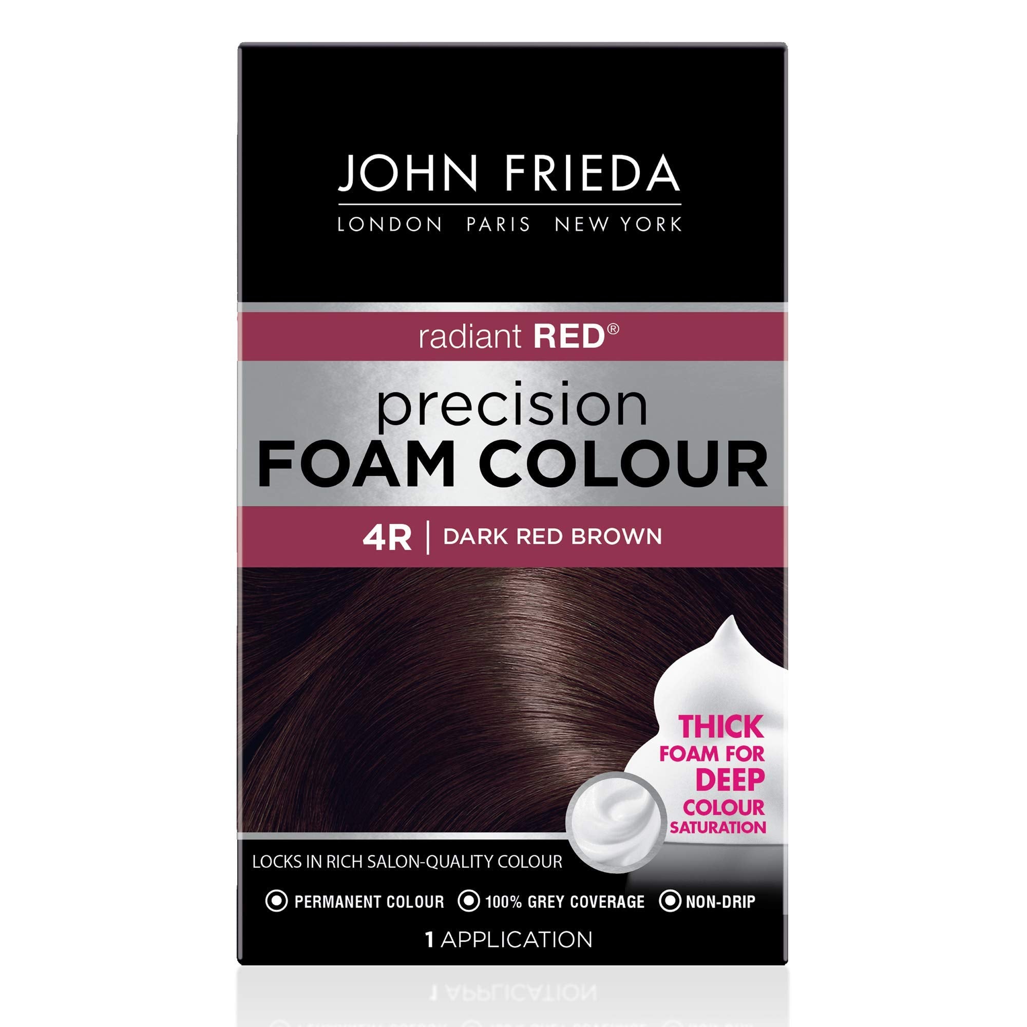 John Frieda Precision Foam Colour 4R bottle shows mess-free application benefits