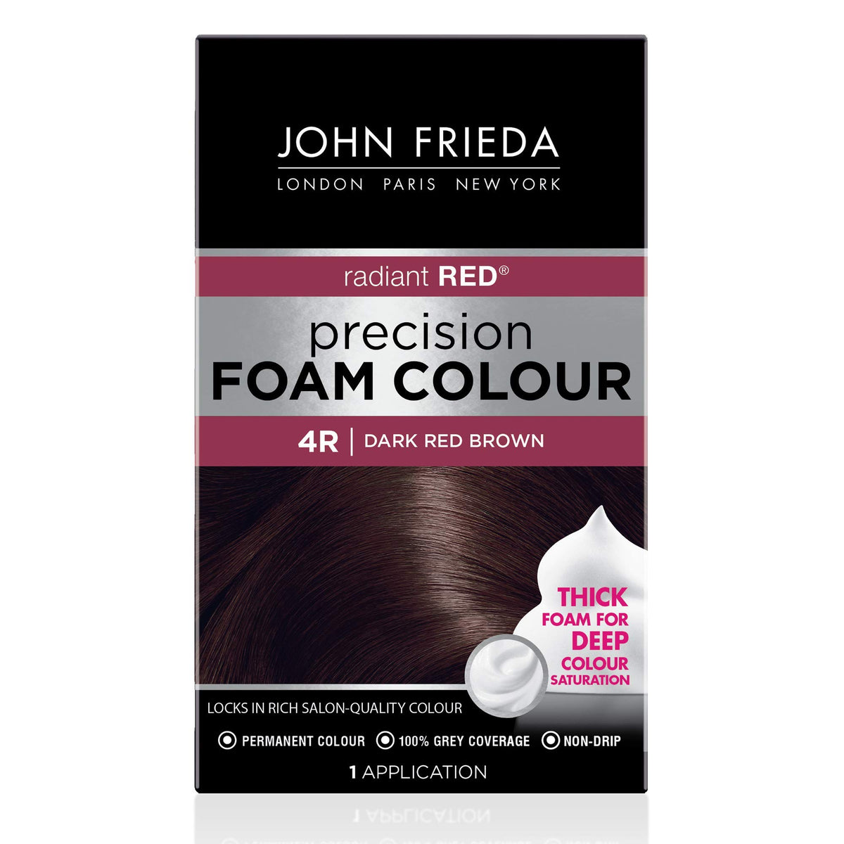 John Frieda Precision Foam Colour 4R bottle shows mess-free application benefits
