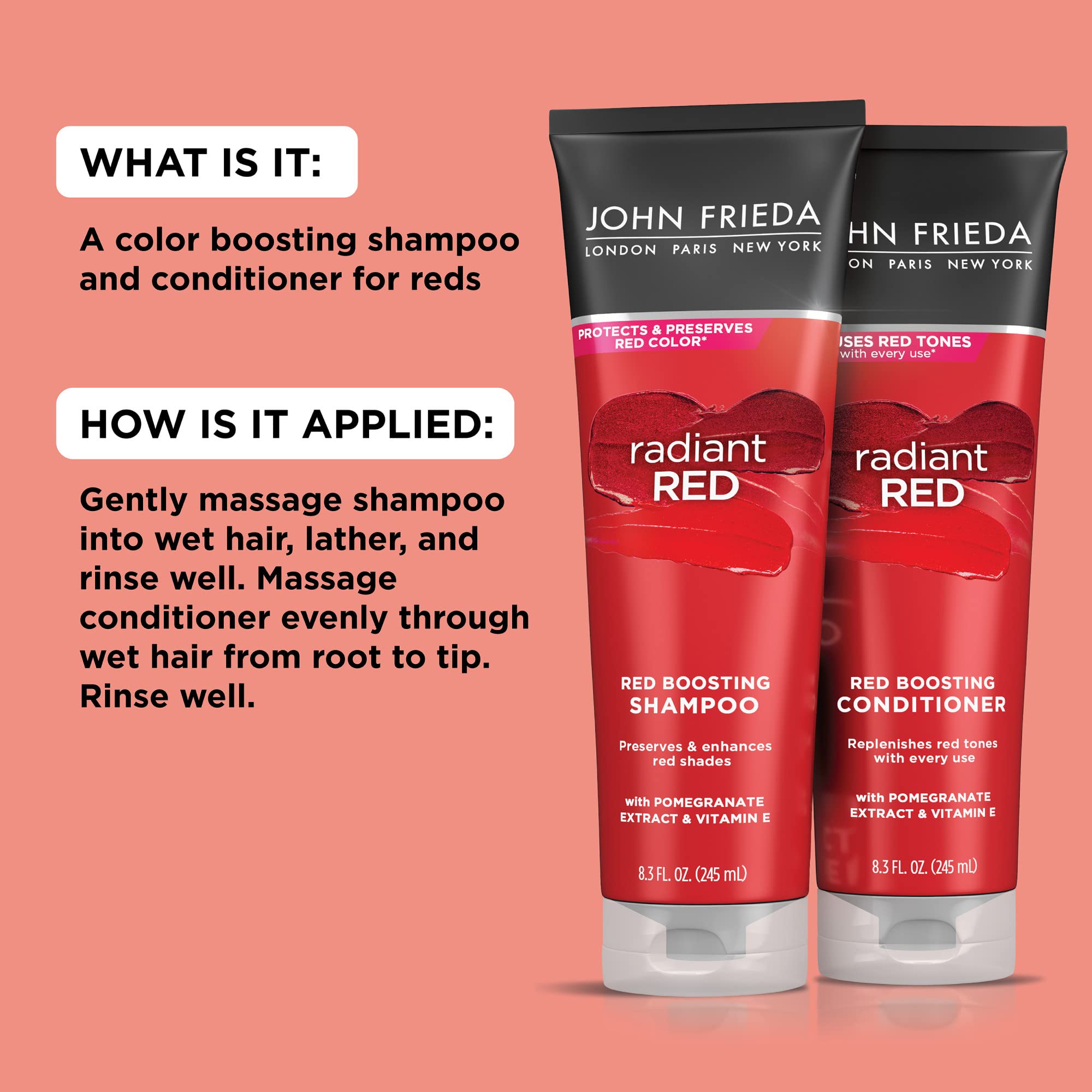 John Frieda Radiant Red color protection graphic reinforces fade resistance