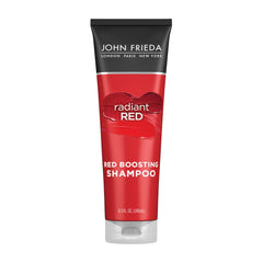 John Frieda Radiant Red shampoo en botella con vertido para tonos rojos brillantes.