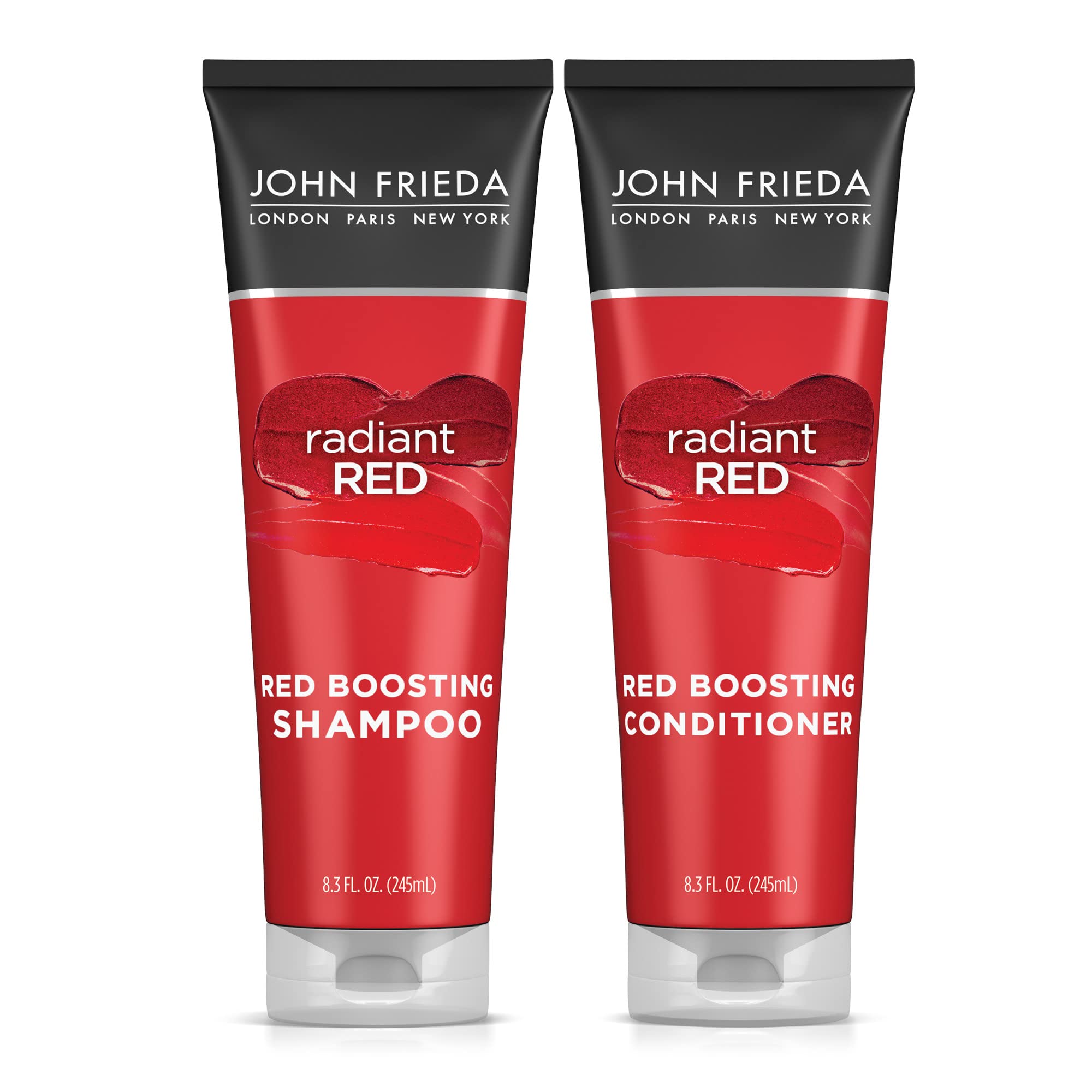 John Frieda Radiant Red shampoo bottle with pour demonstrates color protection while washing