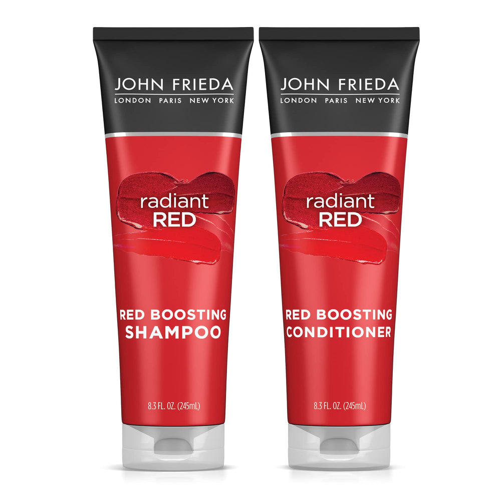 John Frieda Radiant Red shampoo bottle with pour demonstrates color protection while washing