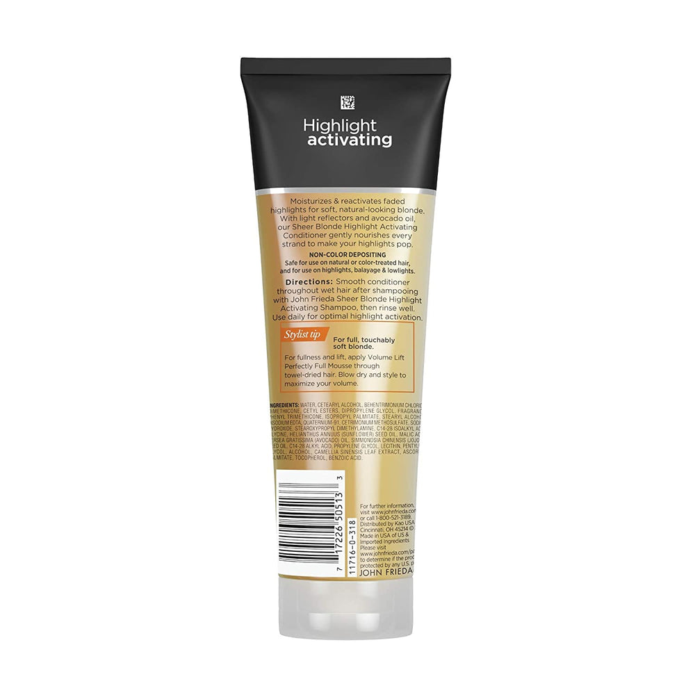 John Frieda Sheer Blonde etiqueta frontal que sugiere rutina diaria de cuidado.