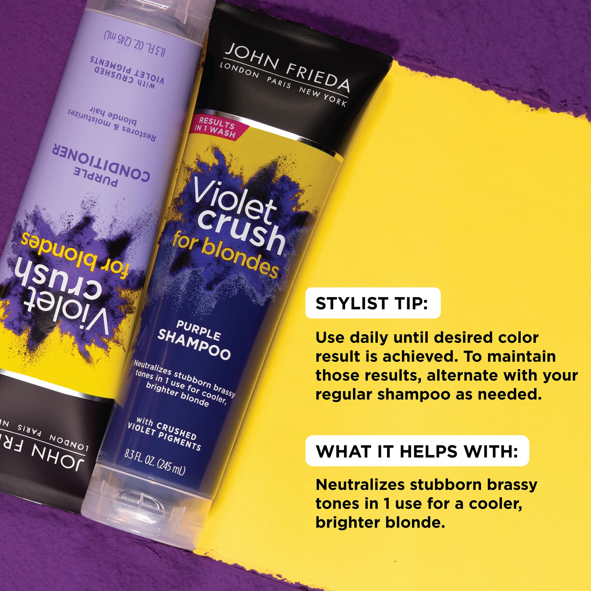 John Frieda Violet Crush acondicionador violeta en bote suaviza e hidrata el cabello rubio