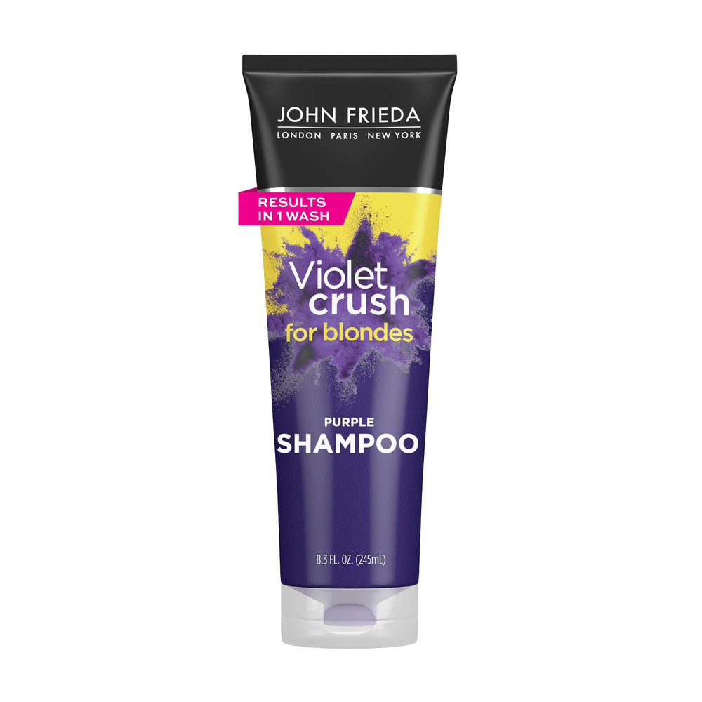 John Frieda Violet Crush Champú morado en botella para neutralizar tonos amarillos.