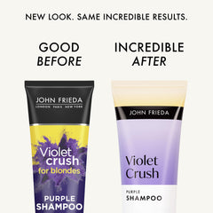 Espuma suave del champú morado de John Frieda sobre cabello rubio.