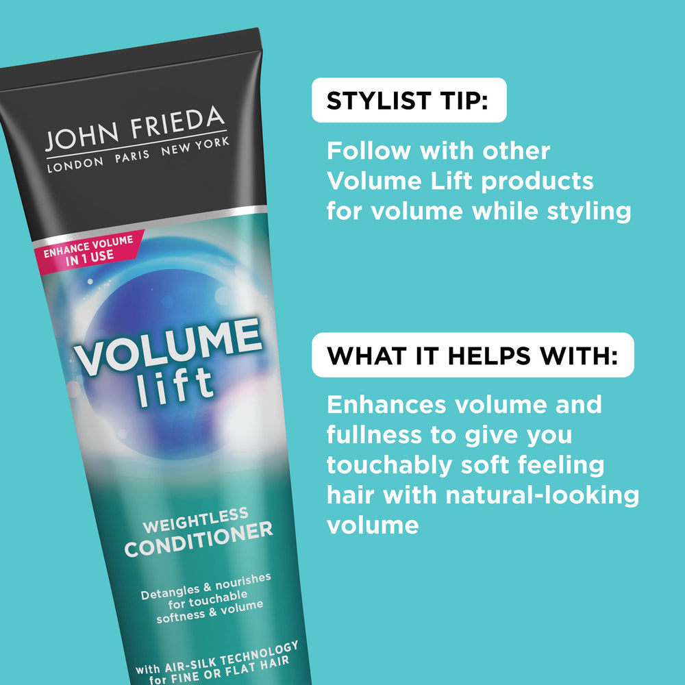 John Frieda Volume Lift conditioner pour shot suggests easy application without weighing down
