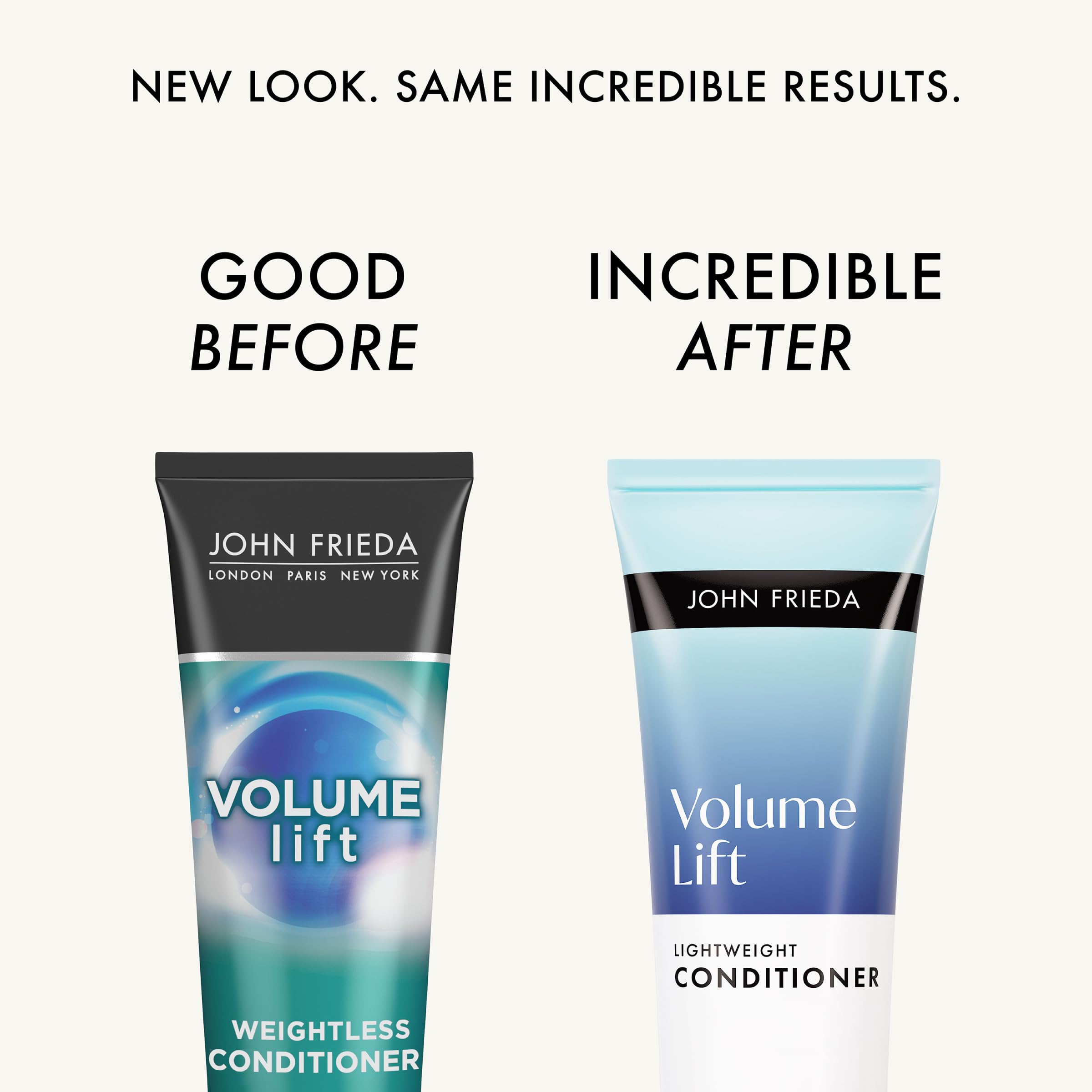 John Frieda Volume Lift: etiqueta de nuevo empaque que destaca fórmula ligera.