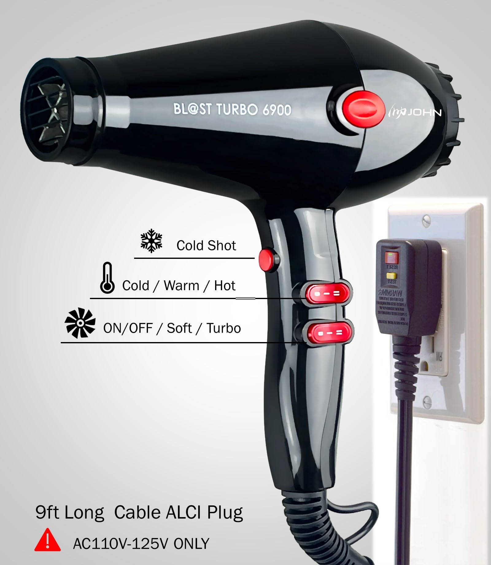 JOHN professional hair dryer 9ft cord and hanging loop for easy storage