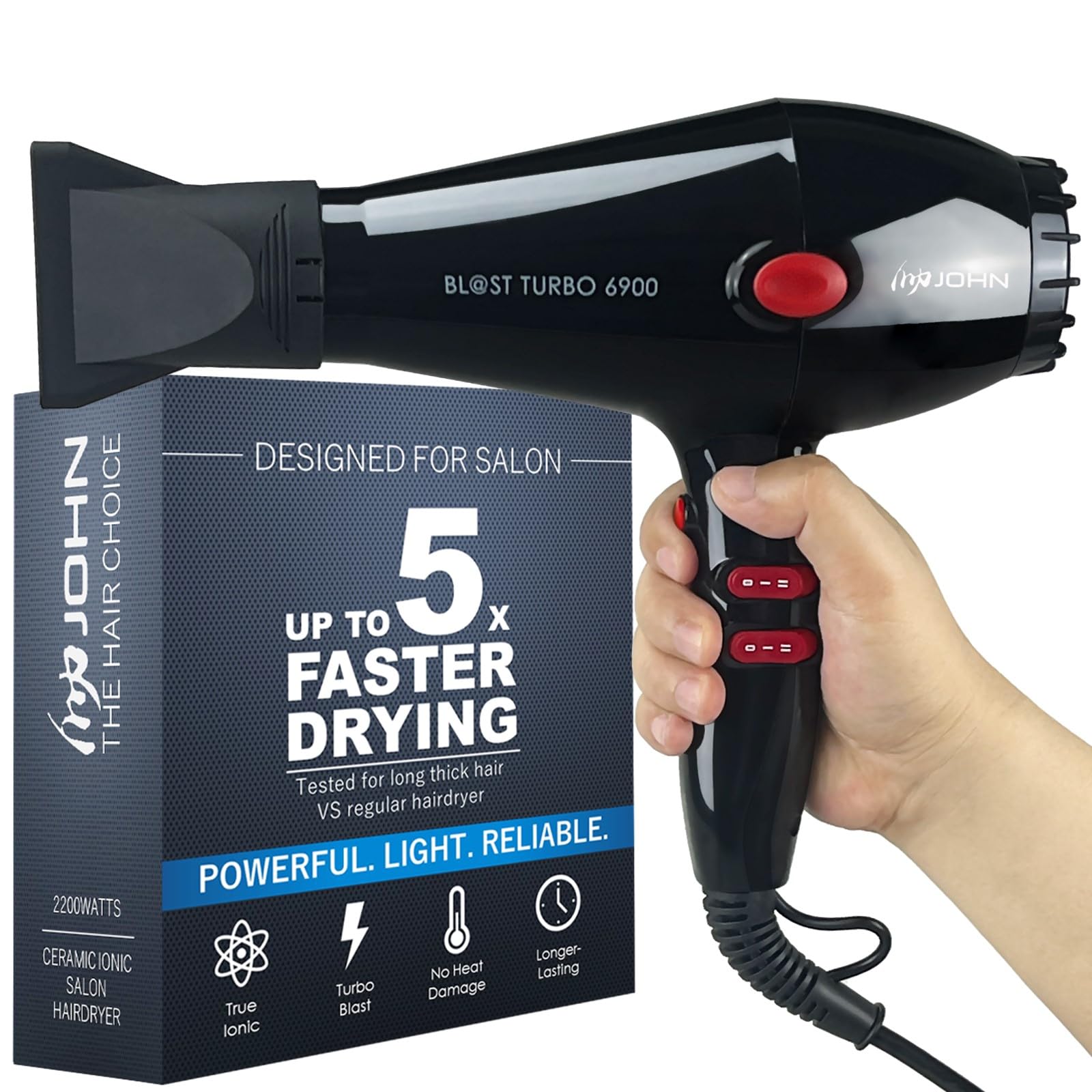 JOHN professional hair blow dryer front view with powerful airflow for quick styling