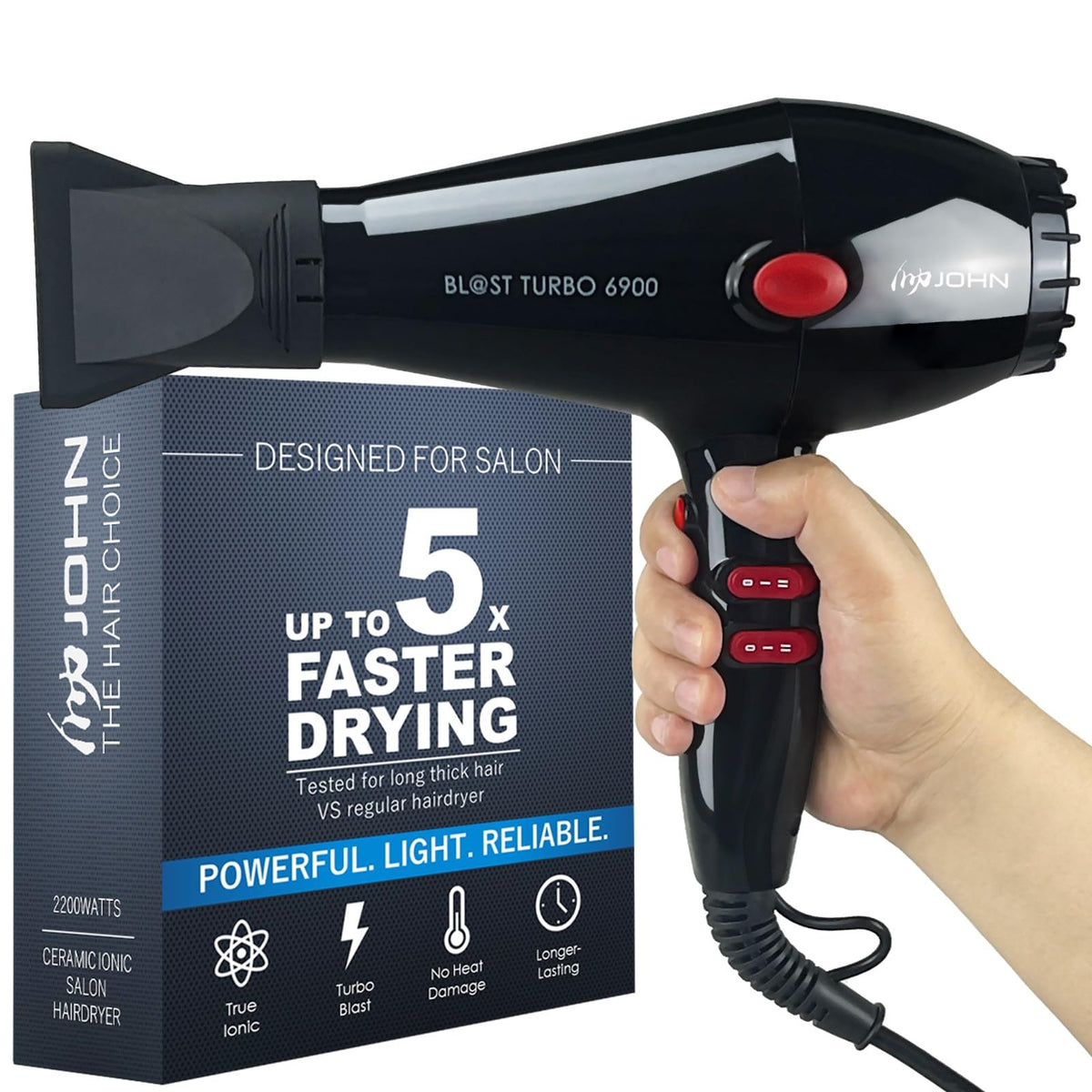 JOHN professional hair blow dryer front view with powerful airflow for quick styling