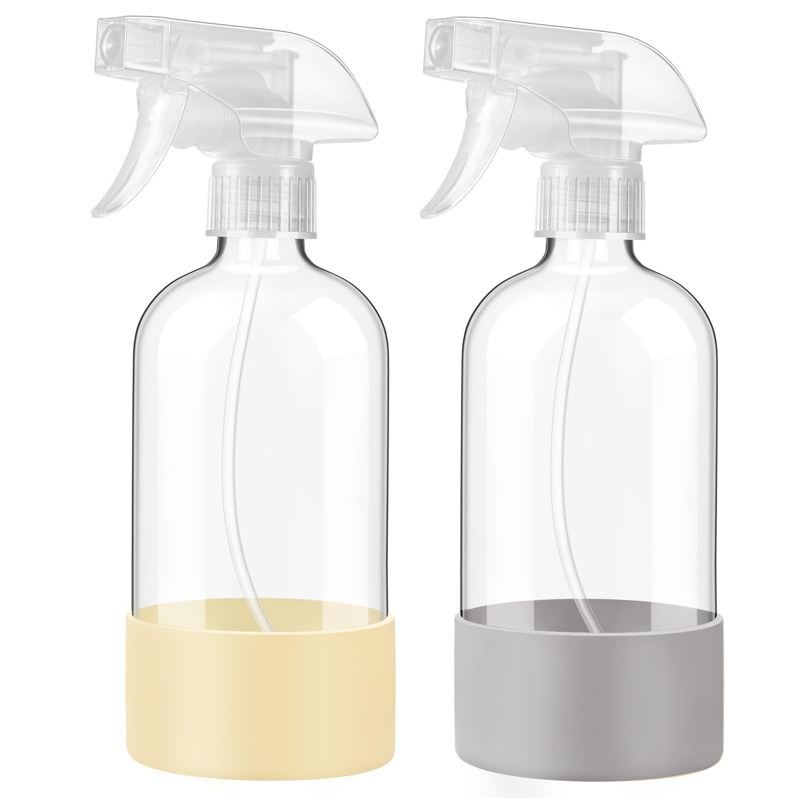 JohnBee clear glass spray bottle with silicone sleeve, 16 oz, ideal for cleaners.