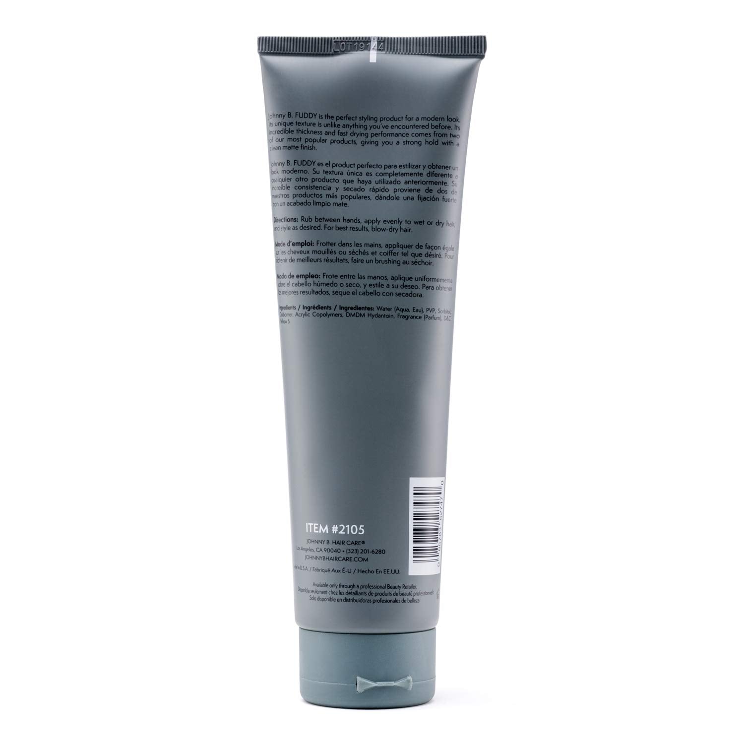 Johnny B. Fuddy gel dispenser showcases quick-dry texture for ready styling.