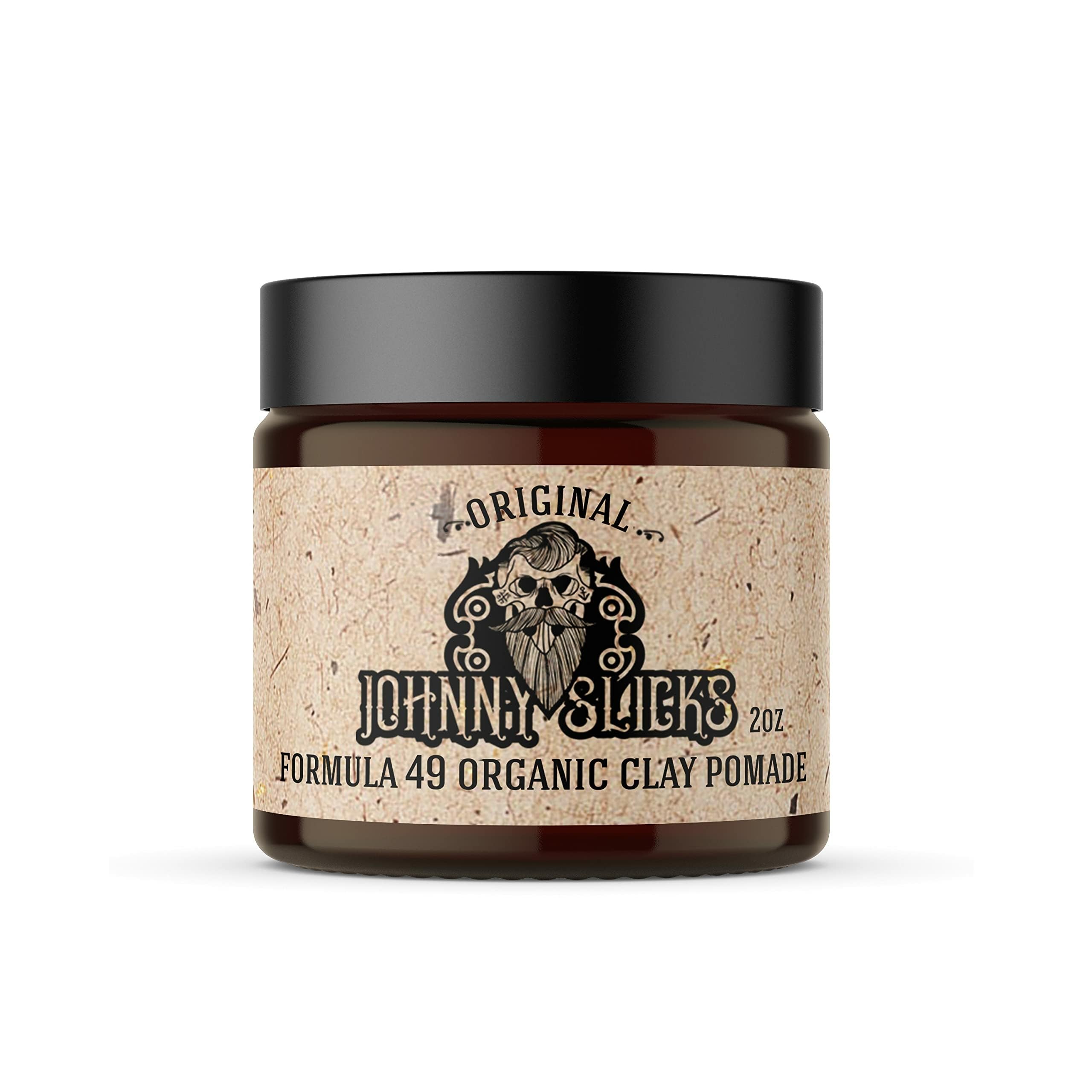 Johnny Slicks Formula 49 clay bottle front, firm hold in focus
