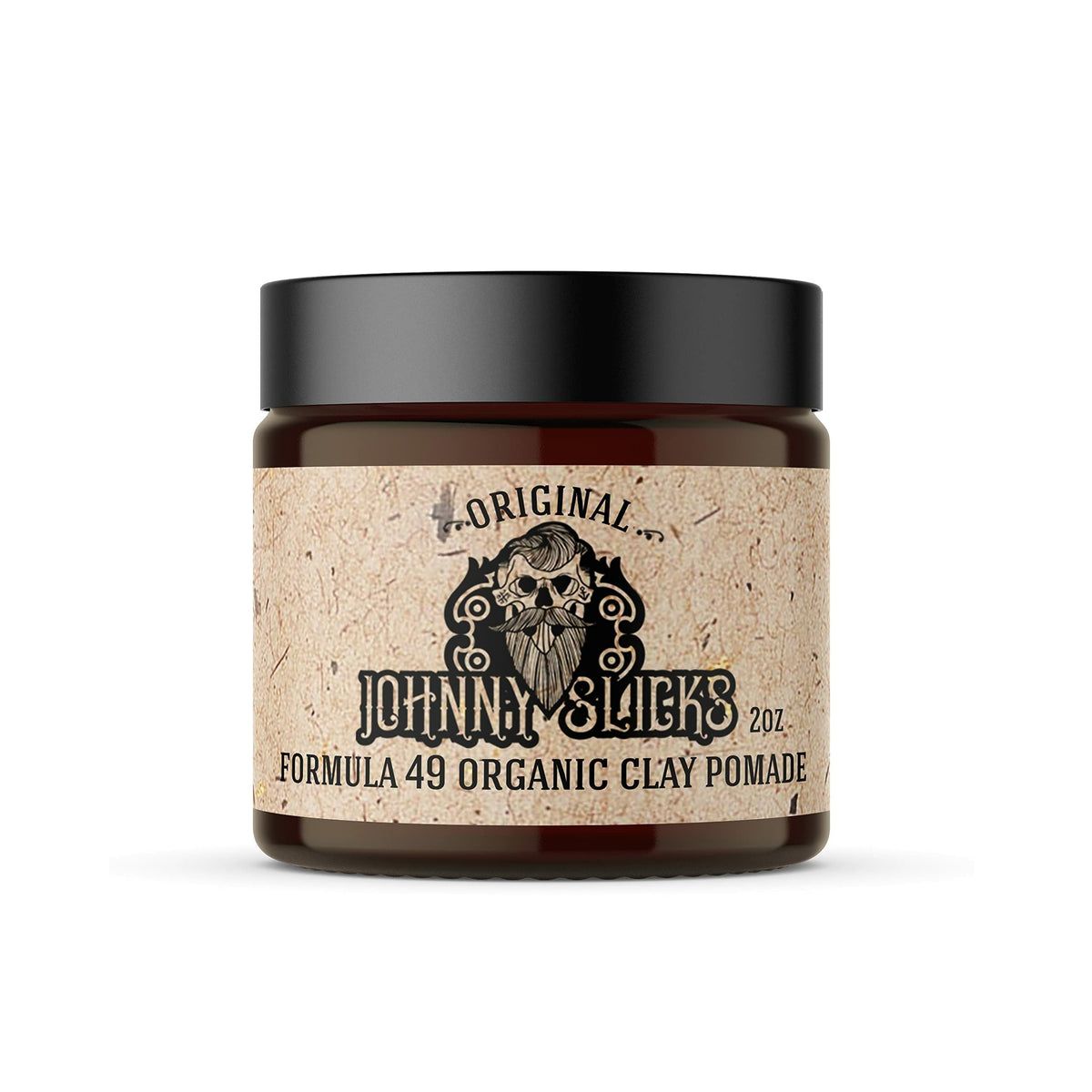 Johnny Slicks Formula 49 clay bottle front, firm hold in focus