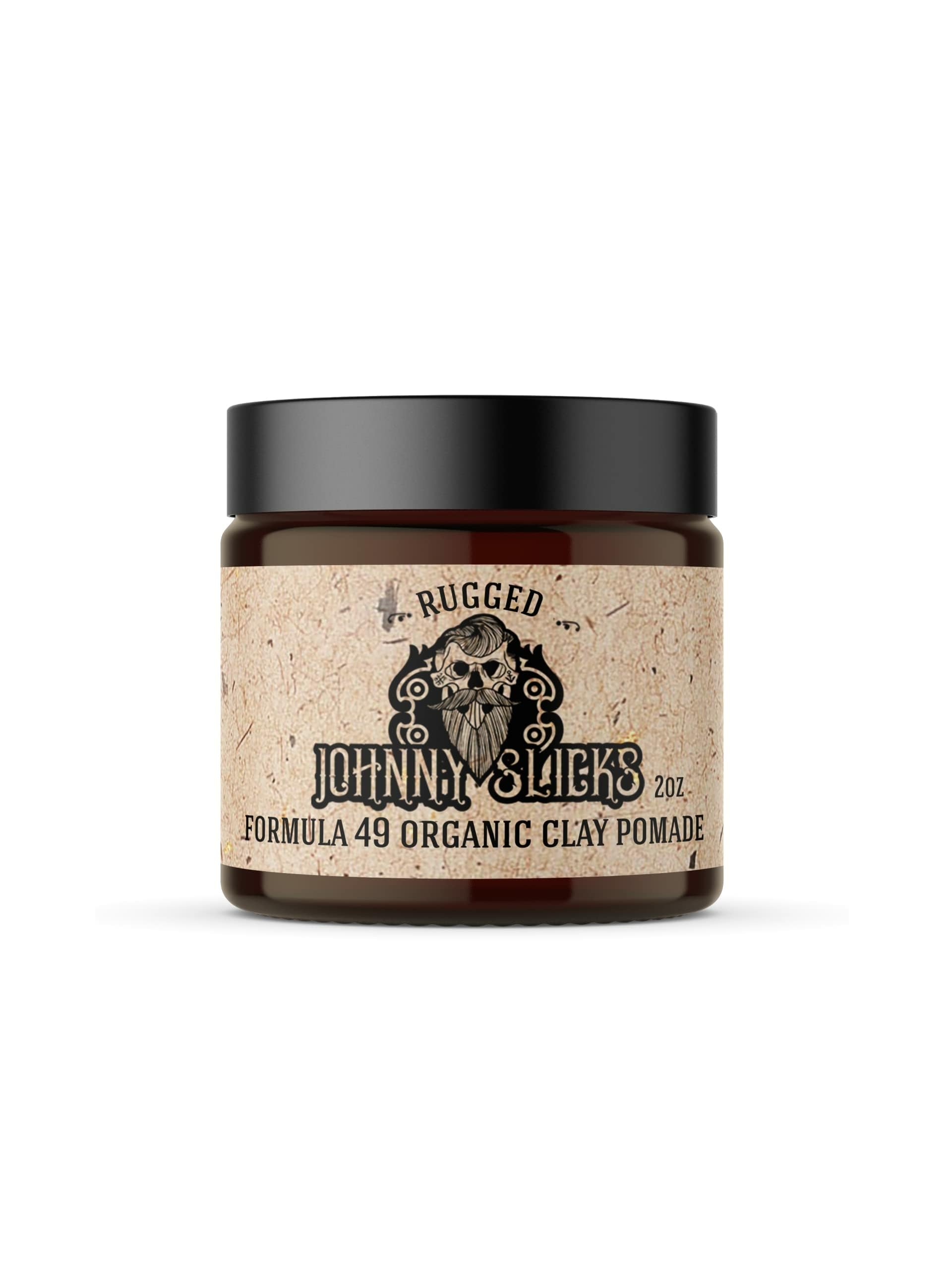Johnny Slicks Formula 49 clay jar shows rugged matte hold and organic formula.
