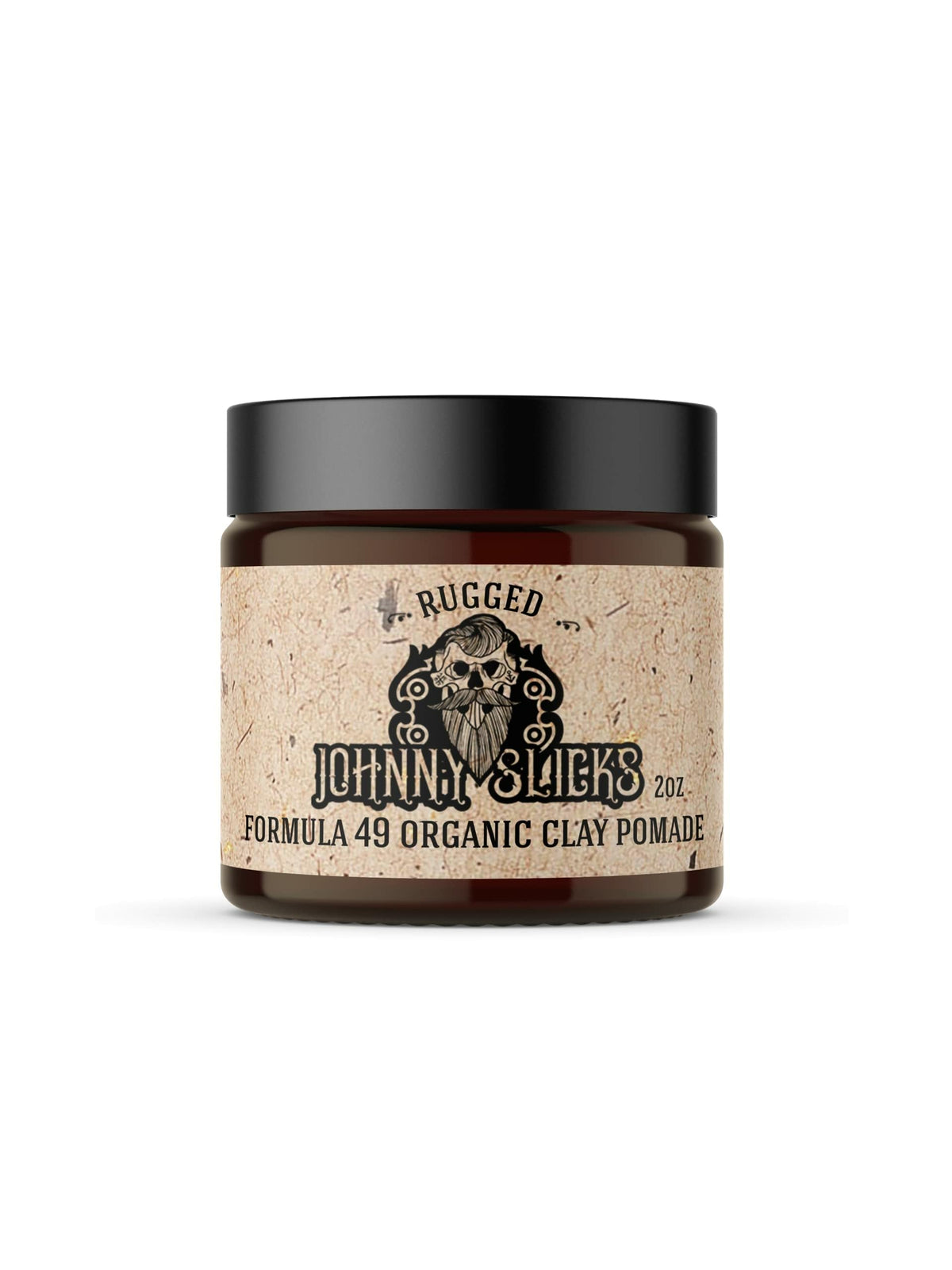 Johnny Slicks Formula 49 clay jar shows rugged matte hold and organic formula.
