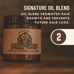 Johnny Slicks Formula 49 clay scent note highlights amber and teakwood