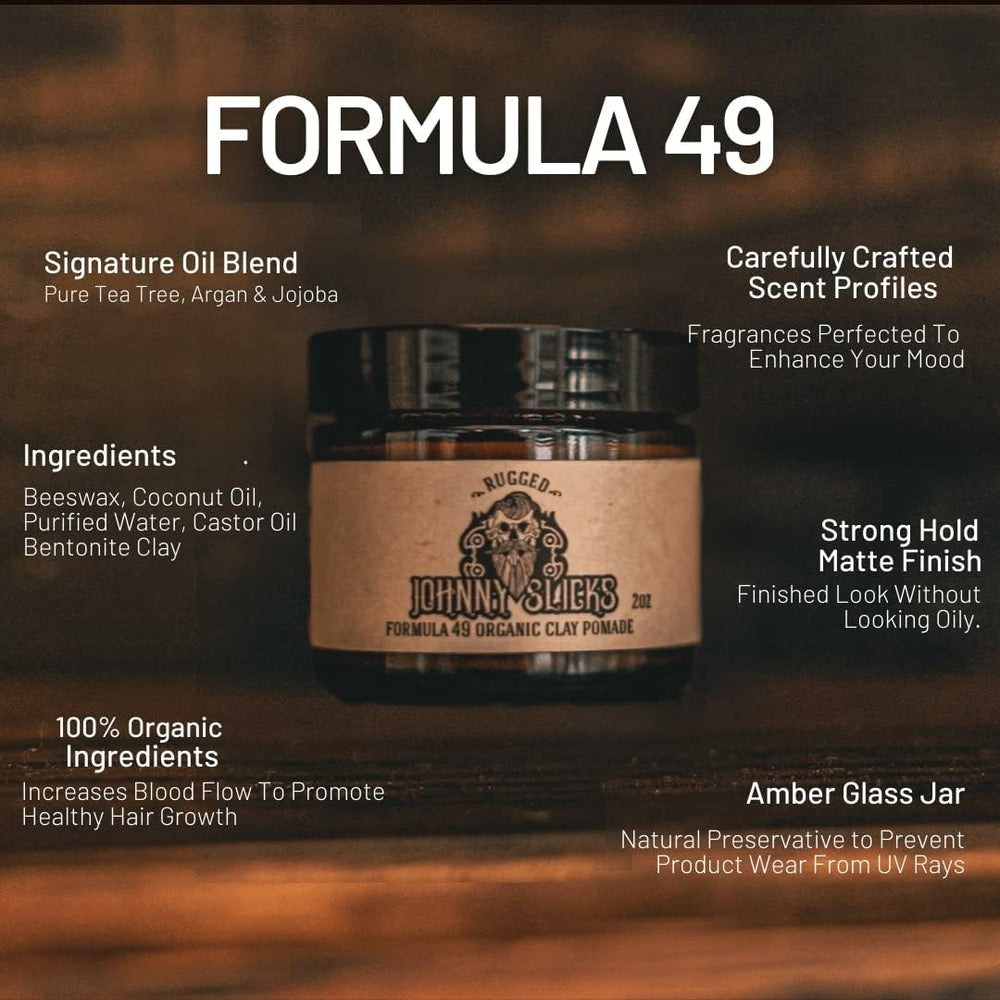Johnny Slicks Formula 49 clay tin highlights portable styling with strong hold.