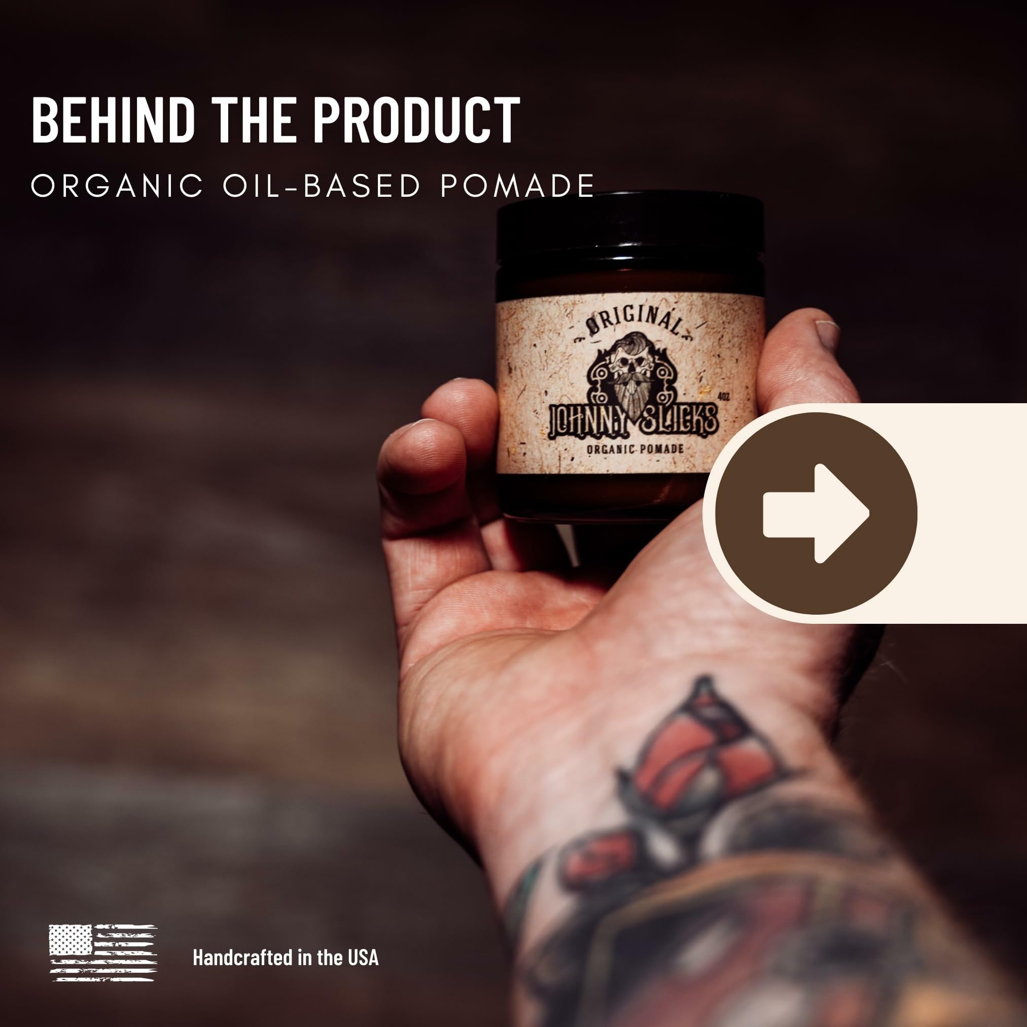 Johnny Slicks Oil Based Pomade packaging front view highlighting USA made quality.