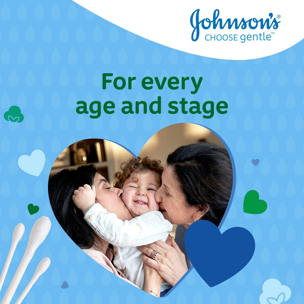 Johnson's Baby Cotton Buds makeup application close-up shows controlled, gentle touch.