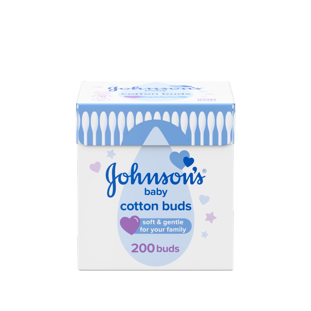 Johnson's Baby Cotton Buds packaging close-up showing pure cotton tips for gentle cleaning.