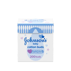 Johnson's Baby Cotton Buds packaging close-up showing pure cotton tips for gentle cleaning.