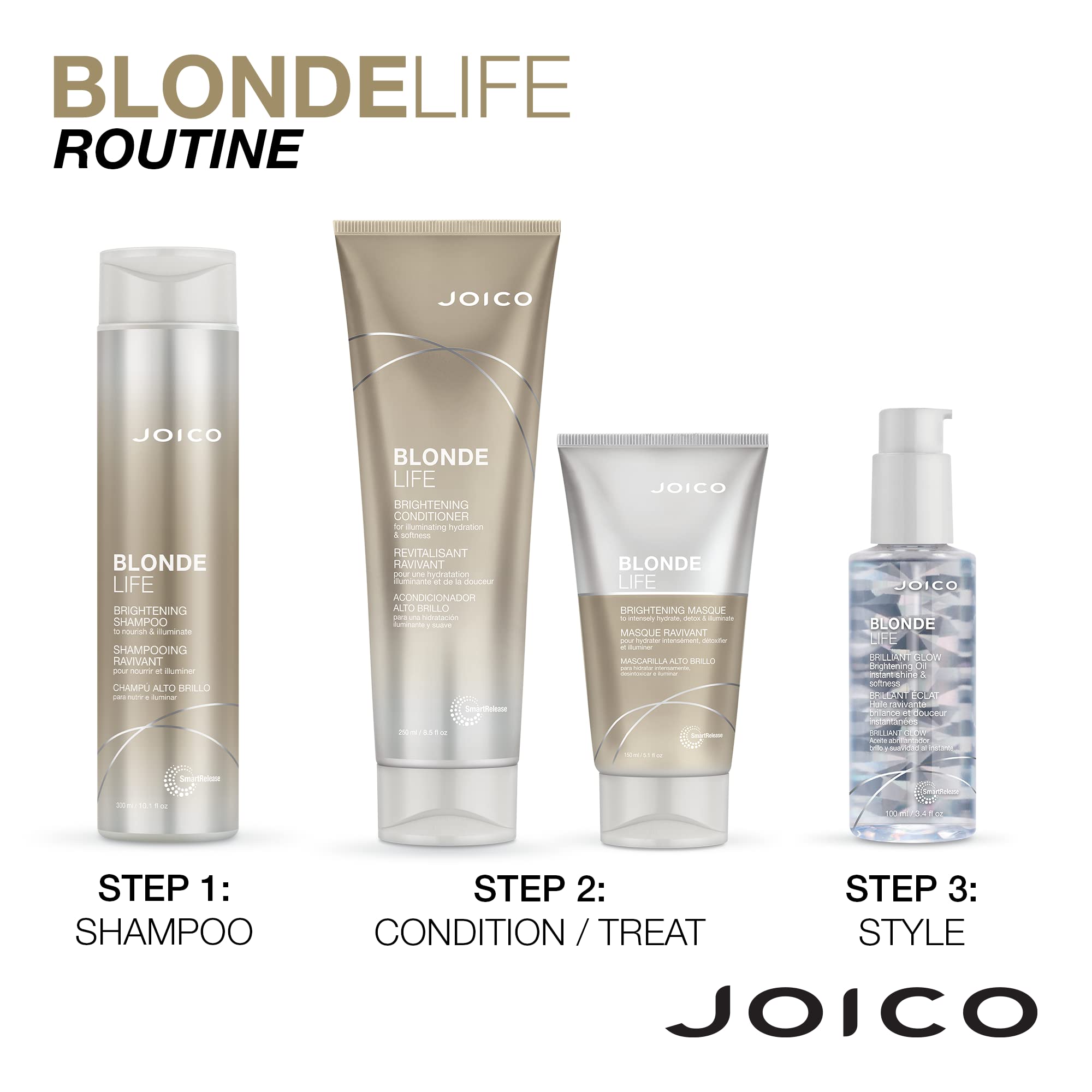 Joico Blonde Life acabado: brillo resplandeciente tras enjuague.