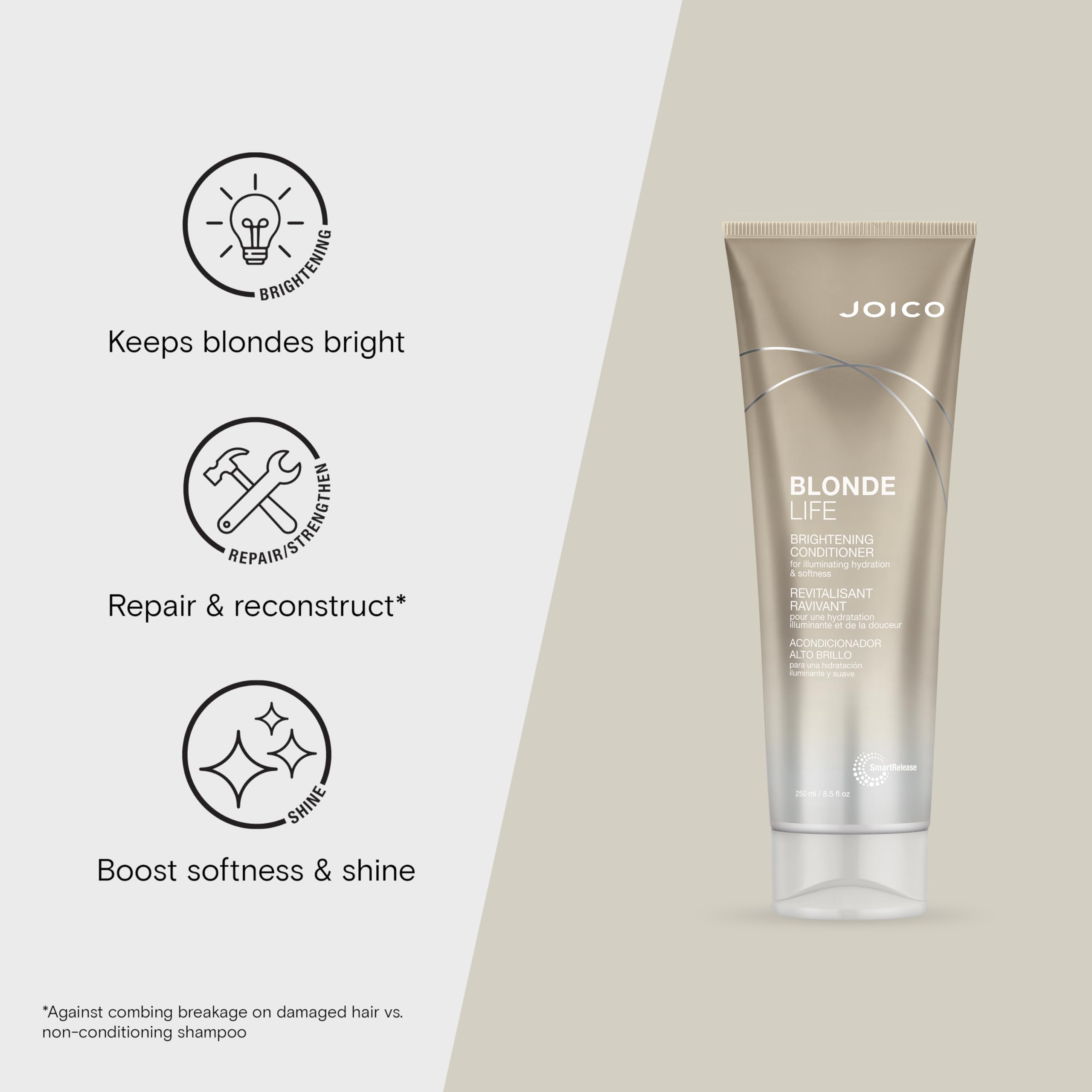 Joico Blonde Life Brightening Conditioner leaves blonde hair with a radiant gleam.