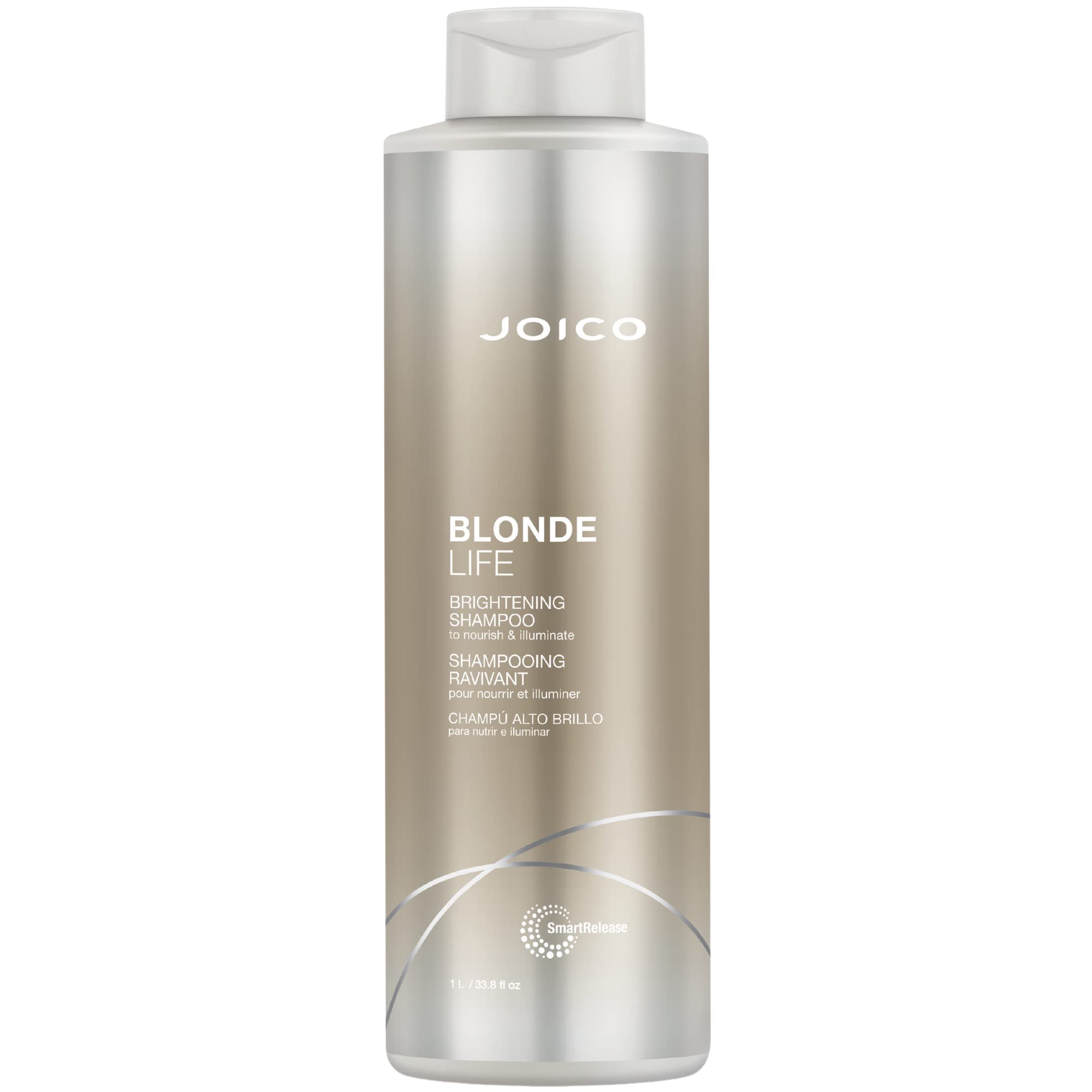 Joico Blonde Life Brightening Shampoo bottle front shows sulfate-free cleansing for bright blonde hair